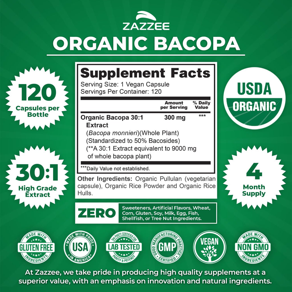 Zazzee USDA Organic Bacopa 30:1 Extract, 50% Bacosides, 120 Vegan Capsules