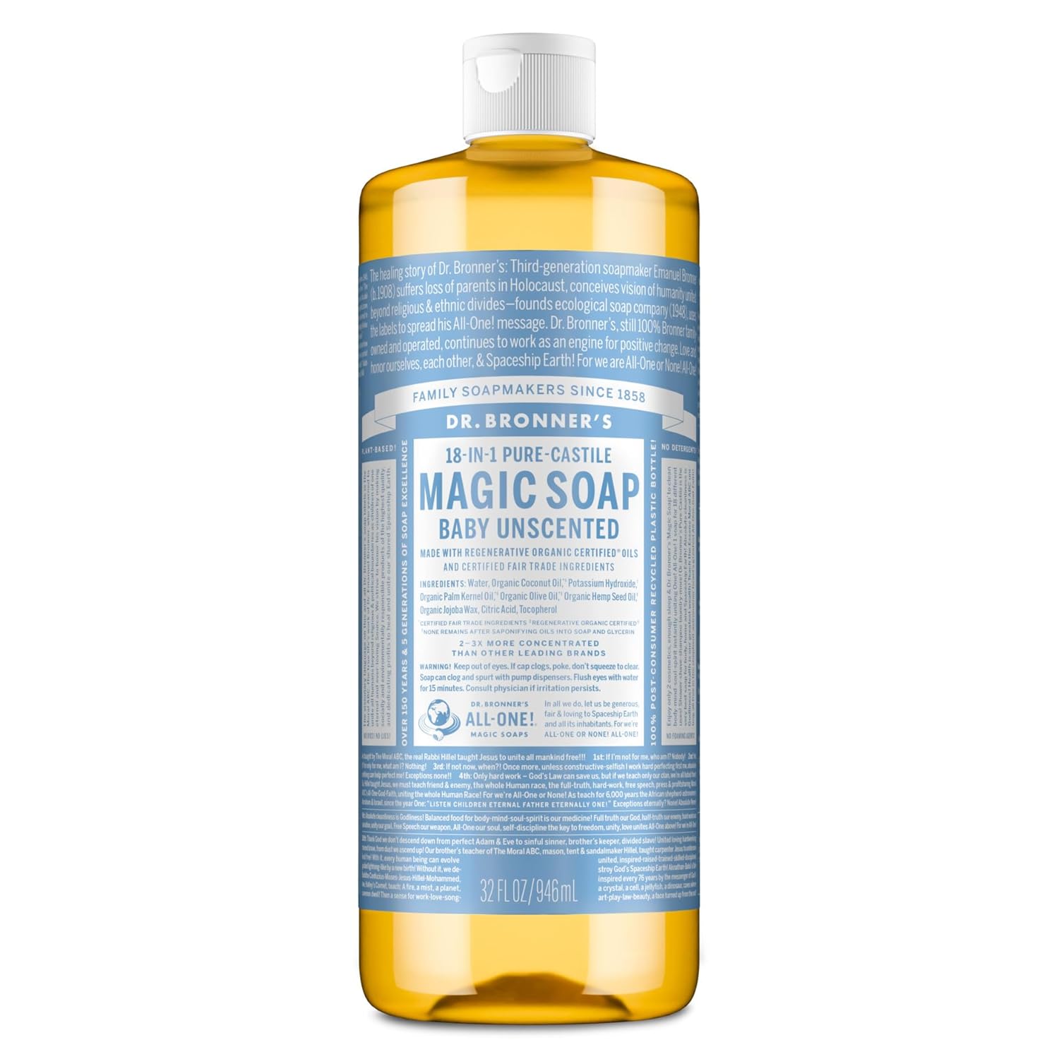Buy now Dr. Bronner's Magic Soap-Pure-Castile Liquid Soap (Baby Unscented, 32 ounce, 2-Pack)-Regenerative Organic Certified Oils, 18-in-1 Uses: Body, Laundry & Dishes, For Sensitive Skin, No Fragrance 32 Fl Oz (Pack of 1) Unscented at indiglob india