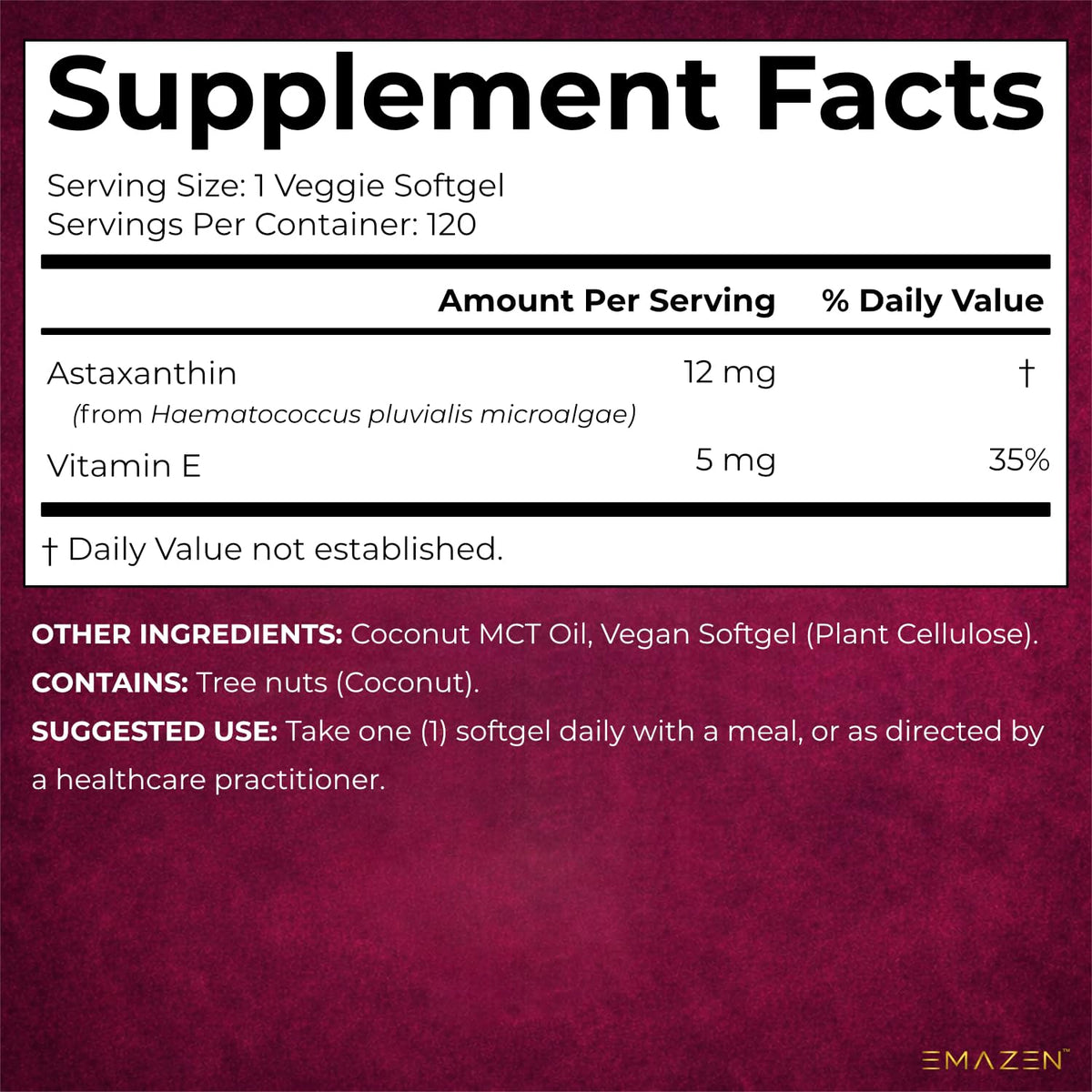 Astaxanthin 12mg MCT Coconut Oil, 120 Vegan Softgels, 4 Month Supply
