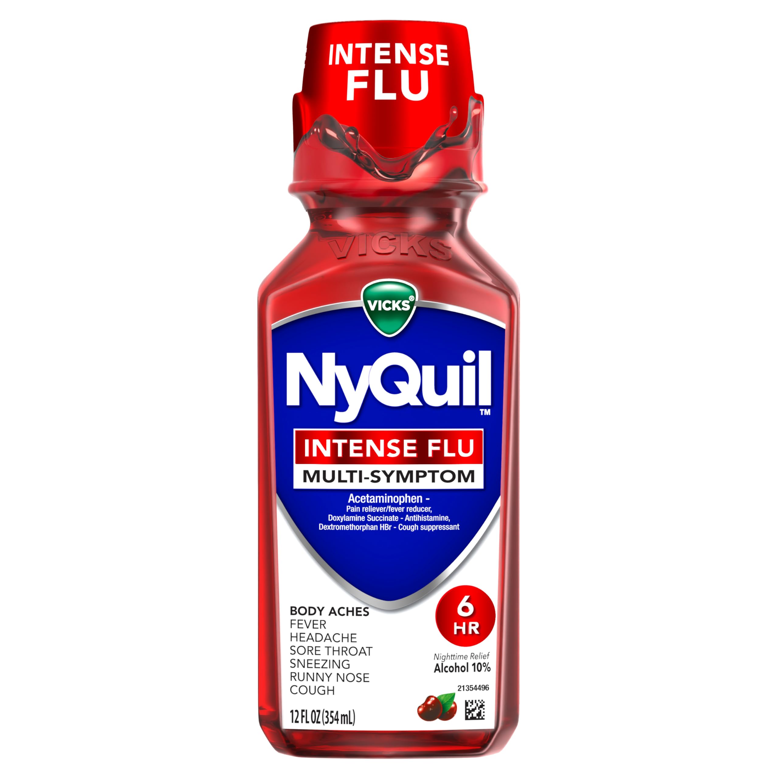 Buy now Vicks NyQuil Intense Flu Liquid, Over-the-Counter, Multi-Symptom, Nighttime Relief for Body Aches, Fever, Headache, Sore Throat, Sneezing, Runny Nose, and Cough, 6 Hour Relief, Cherry Flavor, 12 FL OZ at indiglob india