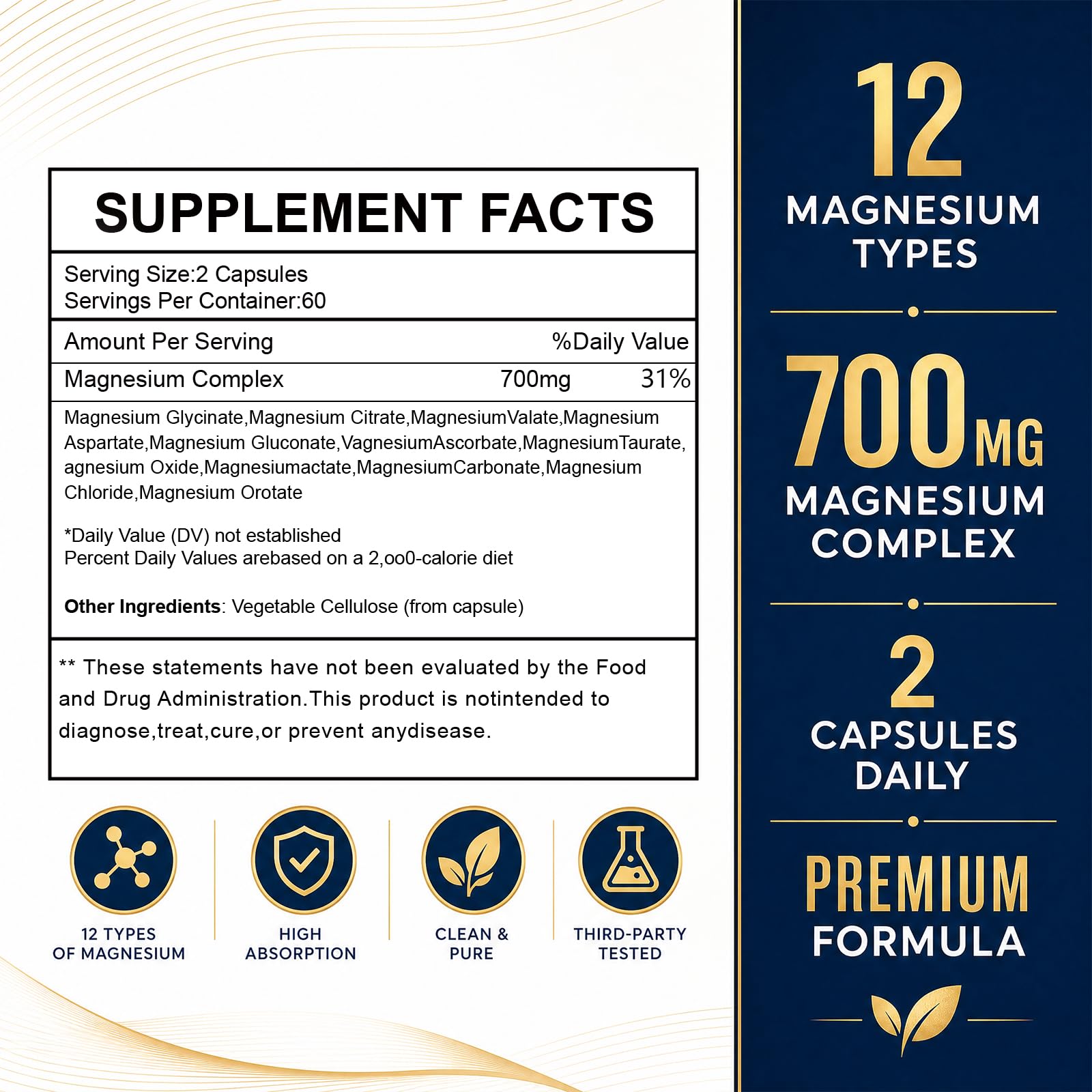 Magnesium Complex 700mg | 12-in-1 High Absorption Supplement | Glycinate, Citrate, Malate, Taurate & More | Sleep Support, Muscle Cramp Relief, Stress, Heart & Nerve Health | 120 Vegan Capsules