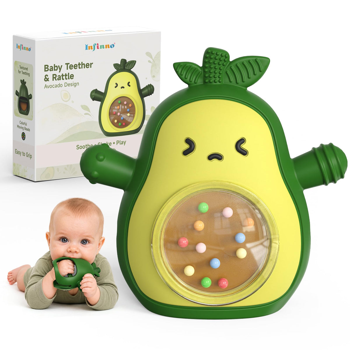 Infinno Avocado Silicone Teething Toy with Rattle for Infant 3-12 Months