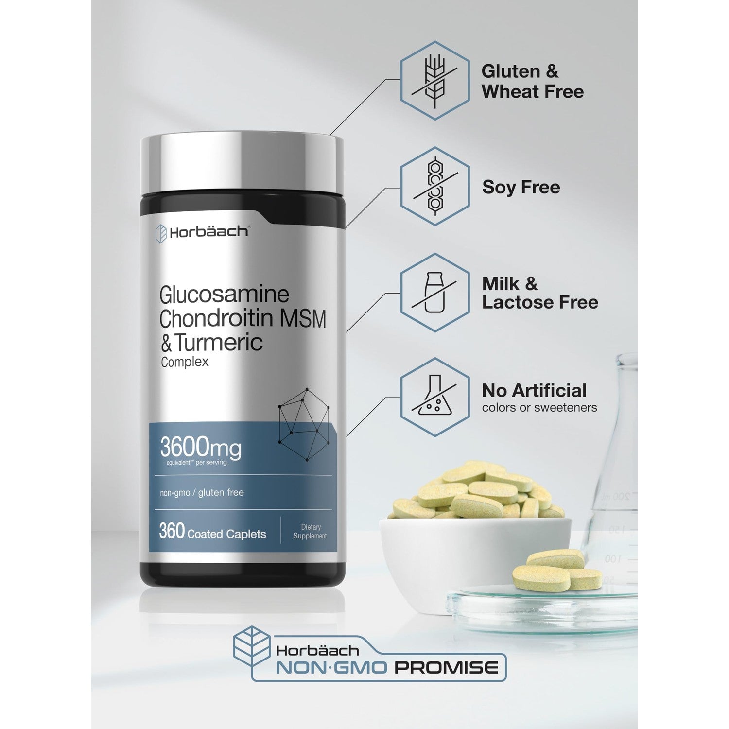 Horbäach Glucosamine Chondroitin MSM | 360 Caplets | Advanced Formula with Turmeric | Non-GMO, Gluten Free