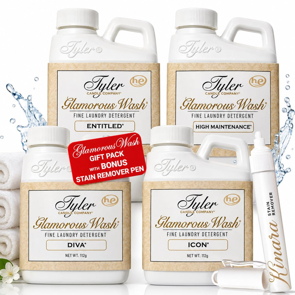Kinara Tyler Glamorous Wash Liquid Laundry Detergent Gift Pack - Kinara Stain Remover Pen, For Washing Clothes, Linen, Lingerie, Expensive Fabric, Sheets - Pack of 4-4 fl oz each