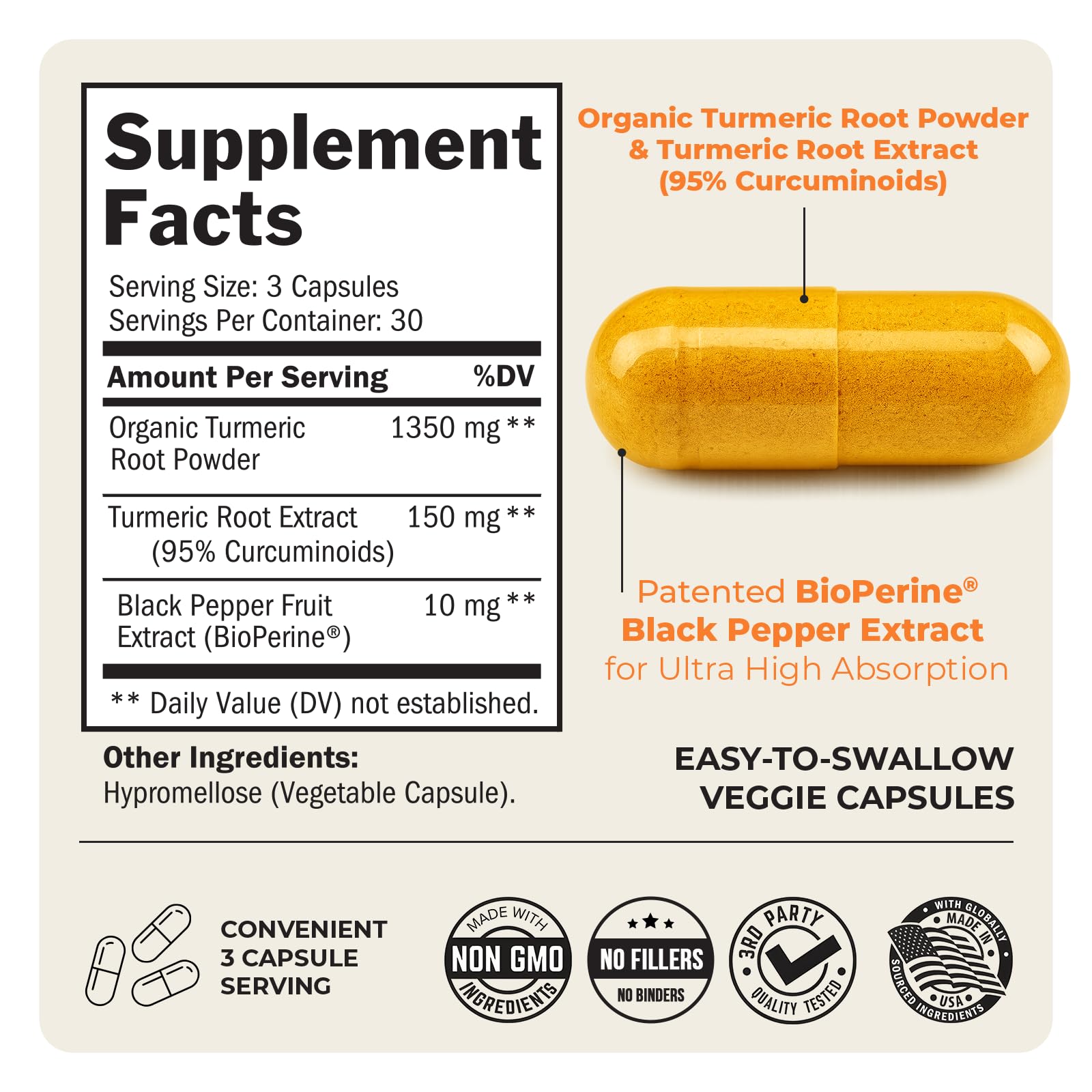 Turmeric Curcumin with Black Pepper Extract 1500mg - Turmeric Supplement | High Absorption Ultra Potent Tumeric Capsules with 95% Curcuminoids and BioPerine for Joint Support - Non-GMO, 90 Capsules