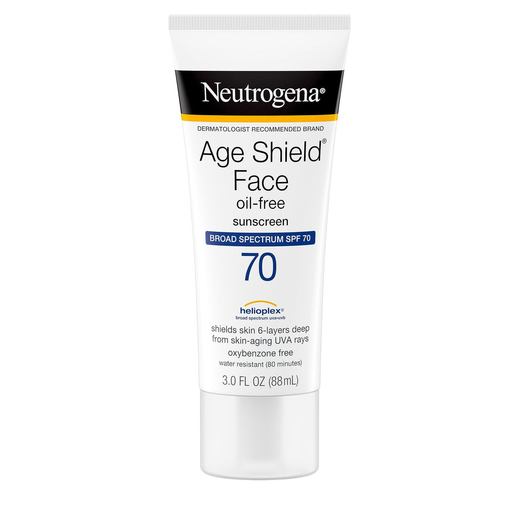 Buy now Neutrogena Age Shield Face Oil-Free Sunscreen Lotion with Broad Spectrum SPF 70, Non-Comedogenic Moisturizing Sunscreen to Help Prevent Signs of Aging, PABA-Free, 3 fl. oz (Pack of 3) at indiglob india