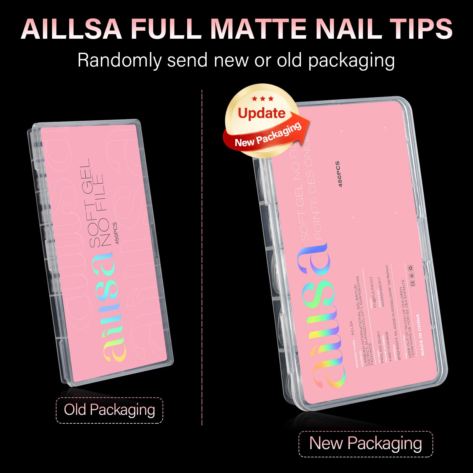 Discover AILLSA's 450PCS Short Almond Nail Tips, featuring both new and old packaging. 100% genuine and perfect for nail art!