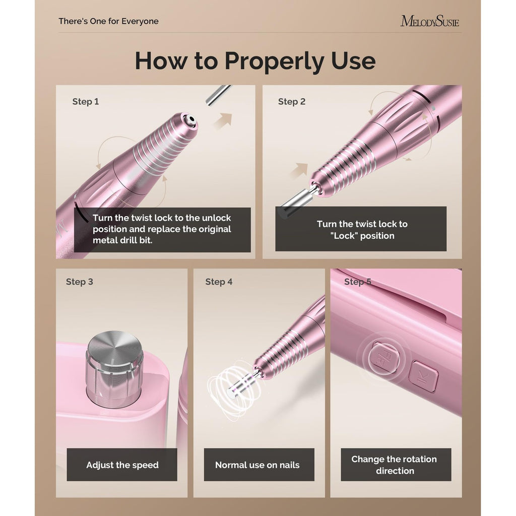 MelodySusie Clip-On SC300F Cordless Nail Drill 30,000 RPM for Beginners | 8-12h Battery Life, 6 Bits and 56 Sanding Bands for Shaping, Gel Removal and Students in Training