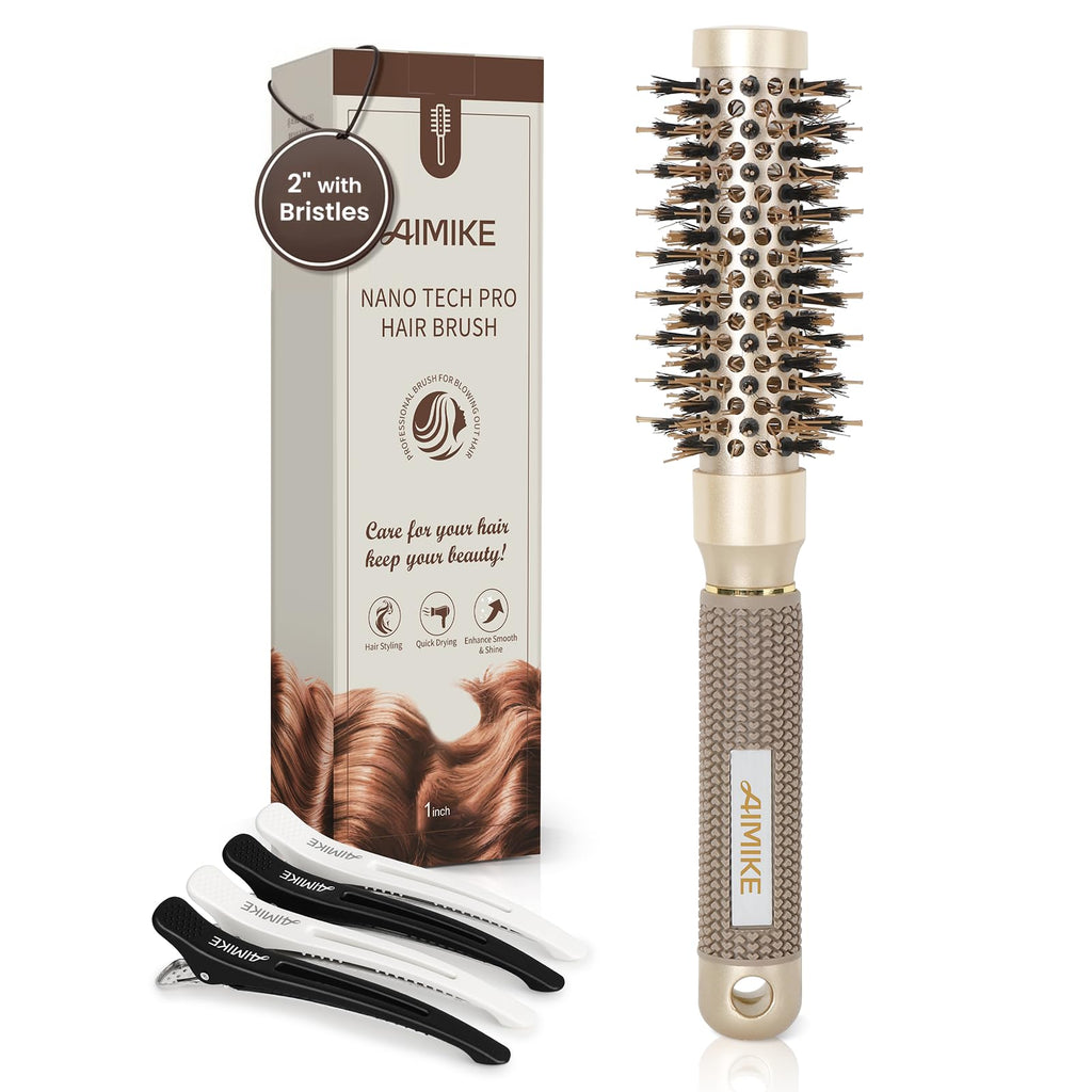 Buy now AIMIKE Round Hair Brush, Nano Thermal Ceramic & Ionic Tech, 2.1 Inch Barrel with Boar Bristles for Enhanced Texture, Golden, Hair Drying, Styling, Curling and Shine + 4 Free Clips at indiglob india