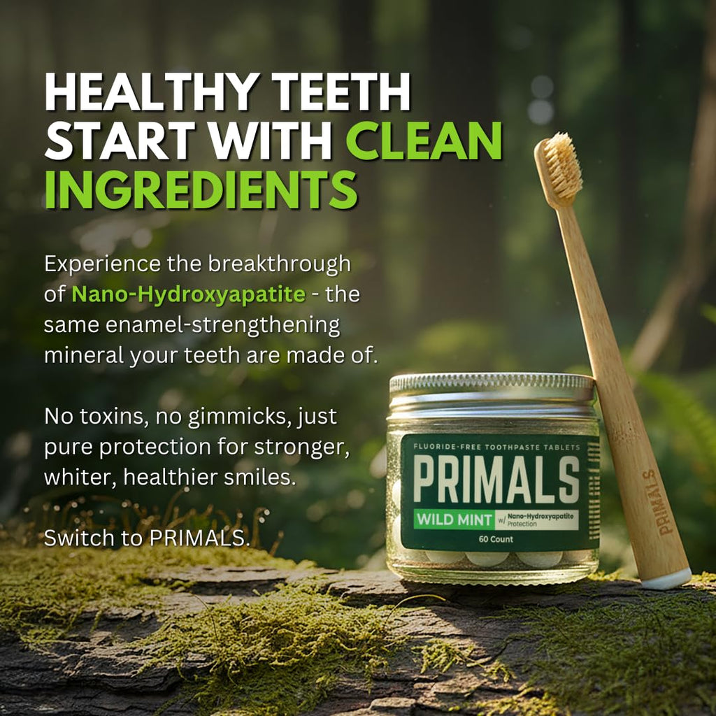 PRIMALS Fluoride-Free Toothpaste Tablets - Nano Hydroxyapatite - Zero Artificial Flavors or Plastic - Remineralizes & Whitens Teeth - 60 Count (1 Month Supply)
