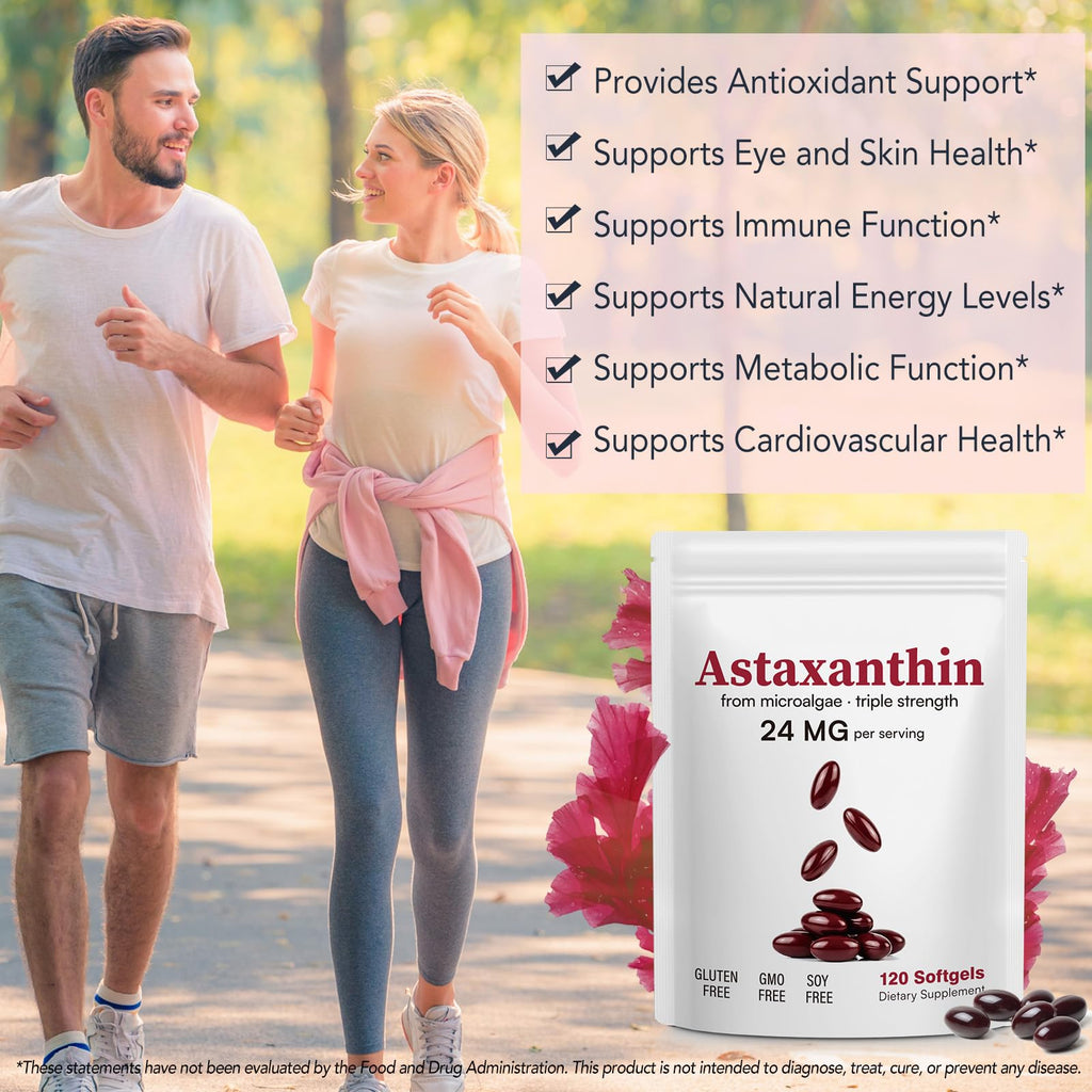 Astaxanthin Supplements 24mg | 120 Softgels | Natural Astaxanthin Antioxidant Supports for Eye, Skin & Joint Health | Fresh Microalgae Source | Non-GMO, Gluten Free