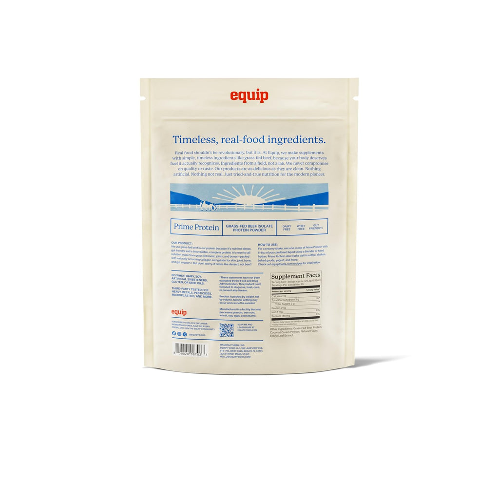 Equip Foods Prime Protein Powder | Clean, Grass Fed Beef Protein Powder | Carnivore Protein Isolate, Keto Friendly | Gluten & Dairy Free | Helps Build & Repair Tissue | 30 Servings, Vanilla (No Sugar)