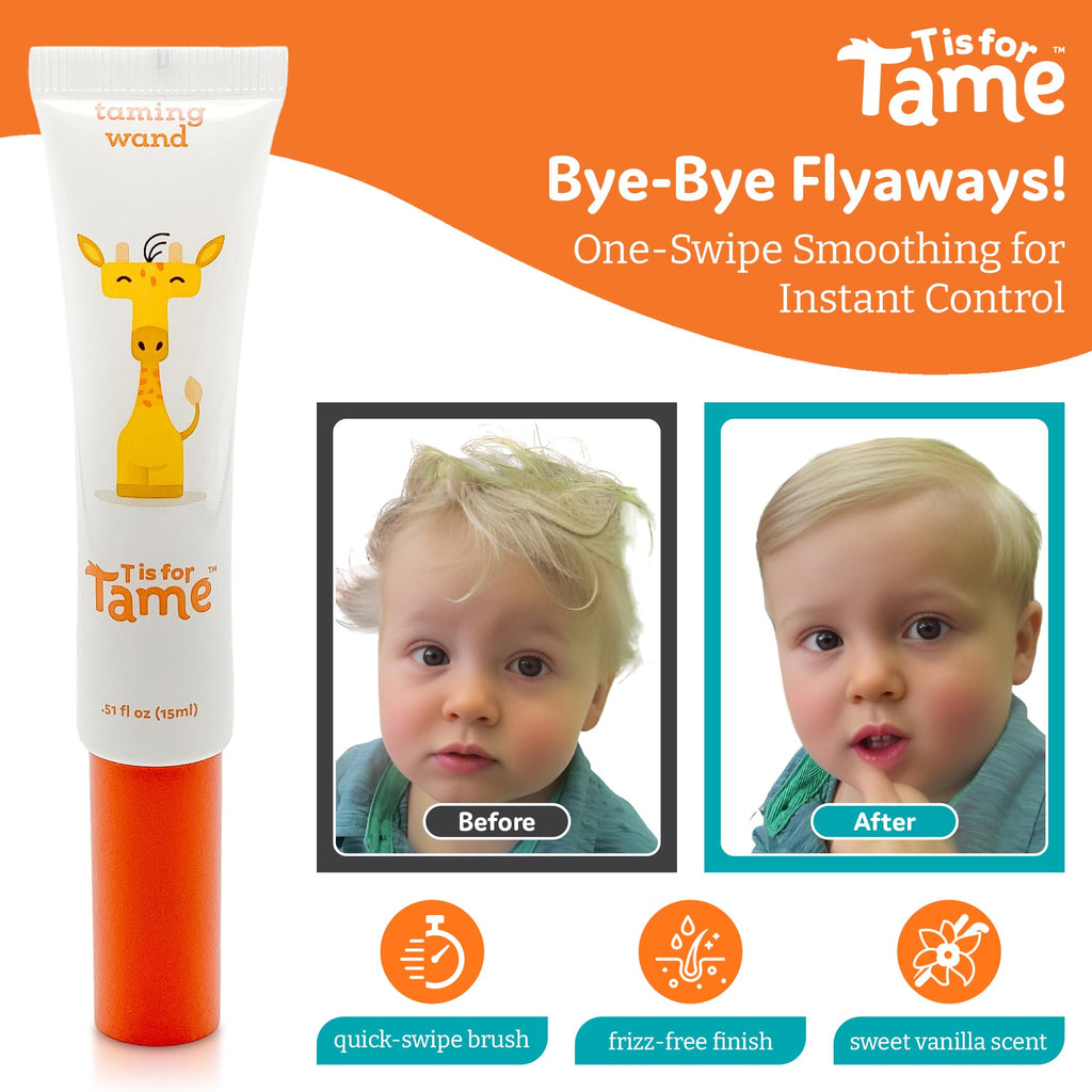 T is for Tame Kids' Hair Taming Cream & On-the-Go Flyaway Wand Bundle | Taming cream (3.38 fl oz) + taming wand (0.51 fl oz) w/ coconut & jojoba oil for bedhead & flyaways, made in the USA