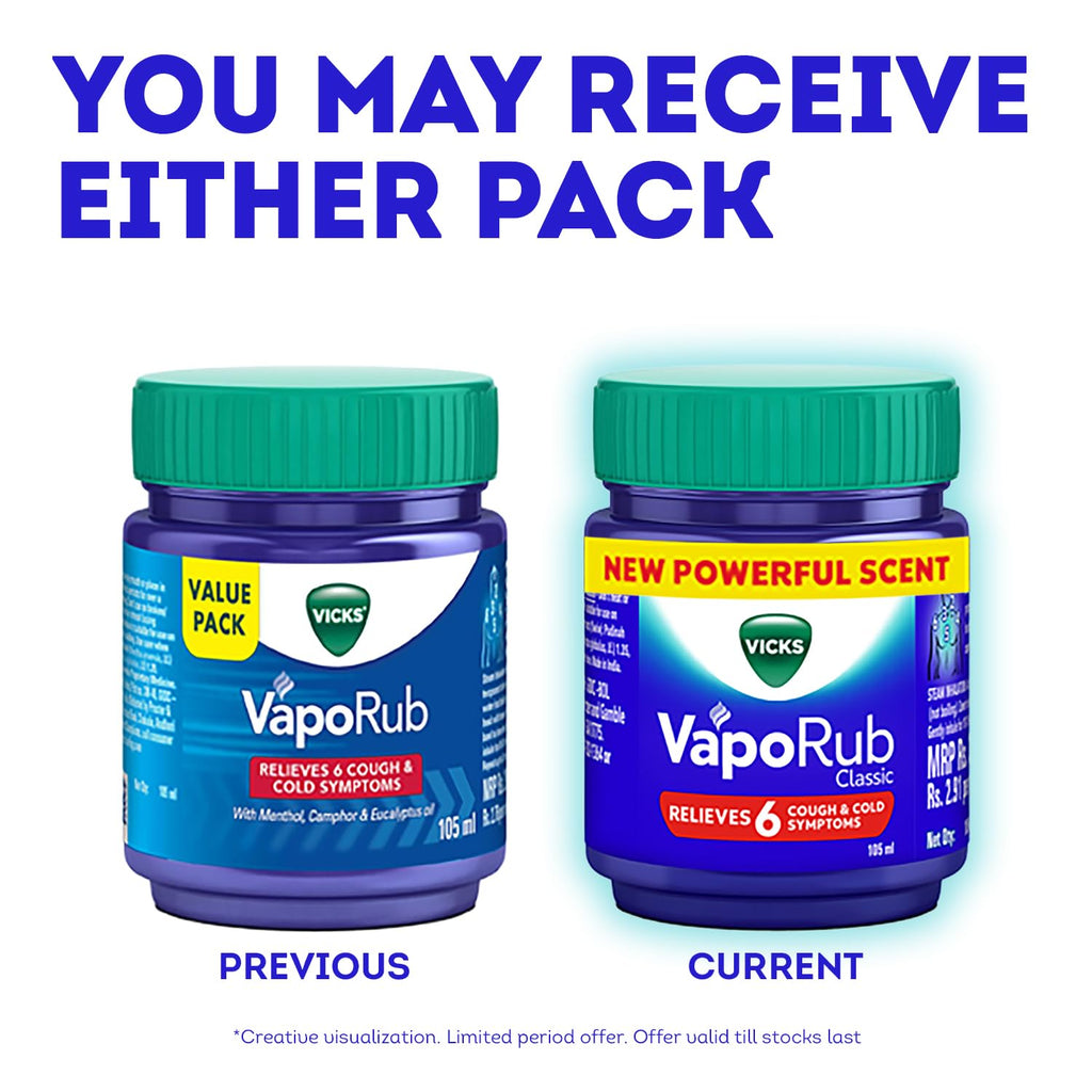 Buy now Vicks Vaporub Relief from Cold, Cough, Blocked Nose, Headache, Body ache, Muscular Stiffness and Breathing Difficulty, 105ml at indiglob india
