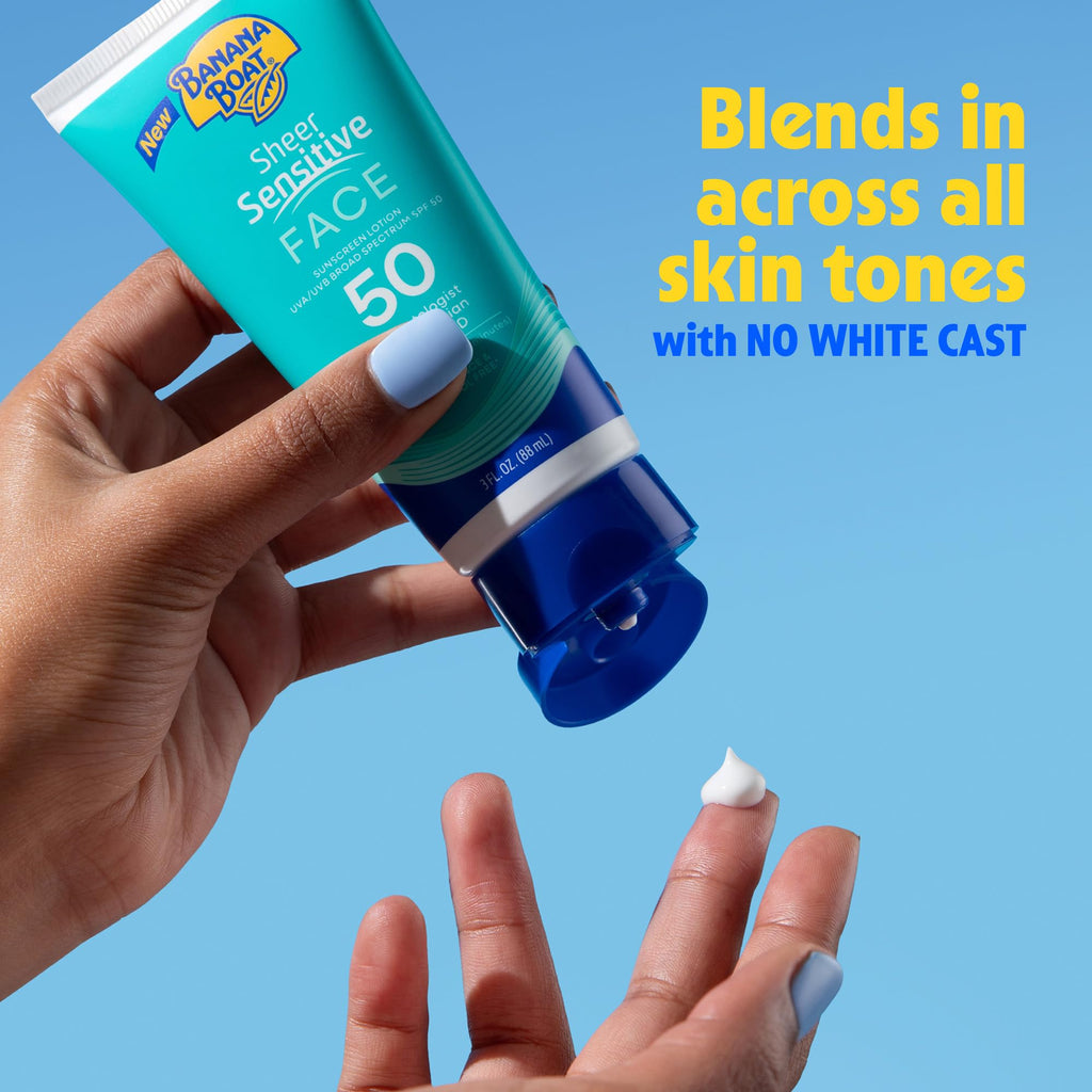 Banana Boat Sheer Sensitive Face Sunscreen Lotion SPF 50, 3 Fl Oz | Travel size sunscreen for face, Lightweight formula, Water resistant sunblock, Quick sheer application