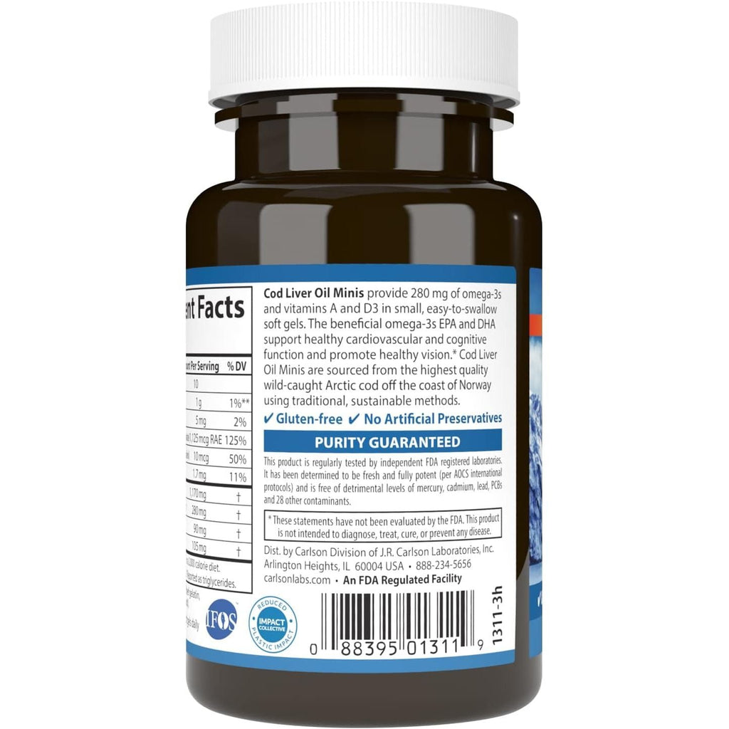 Buy now Carlson - Cod Liver Oil Minis, 280 mg Omega-3s + Vitamins A & D3, Heart Support & Cognitive Function, Vision Health, 100 Mini Softgels at indiglob india