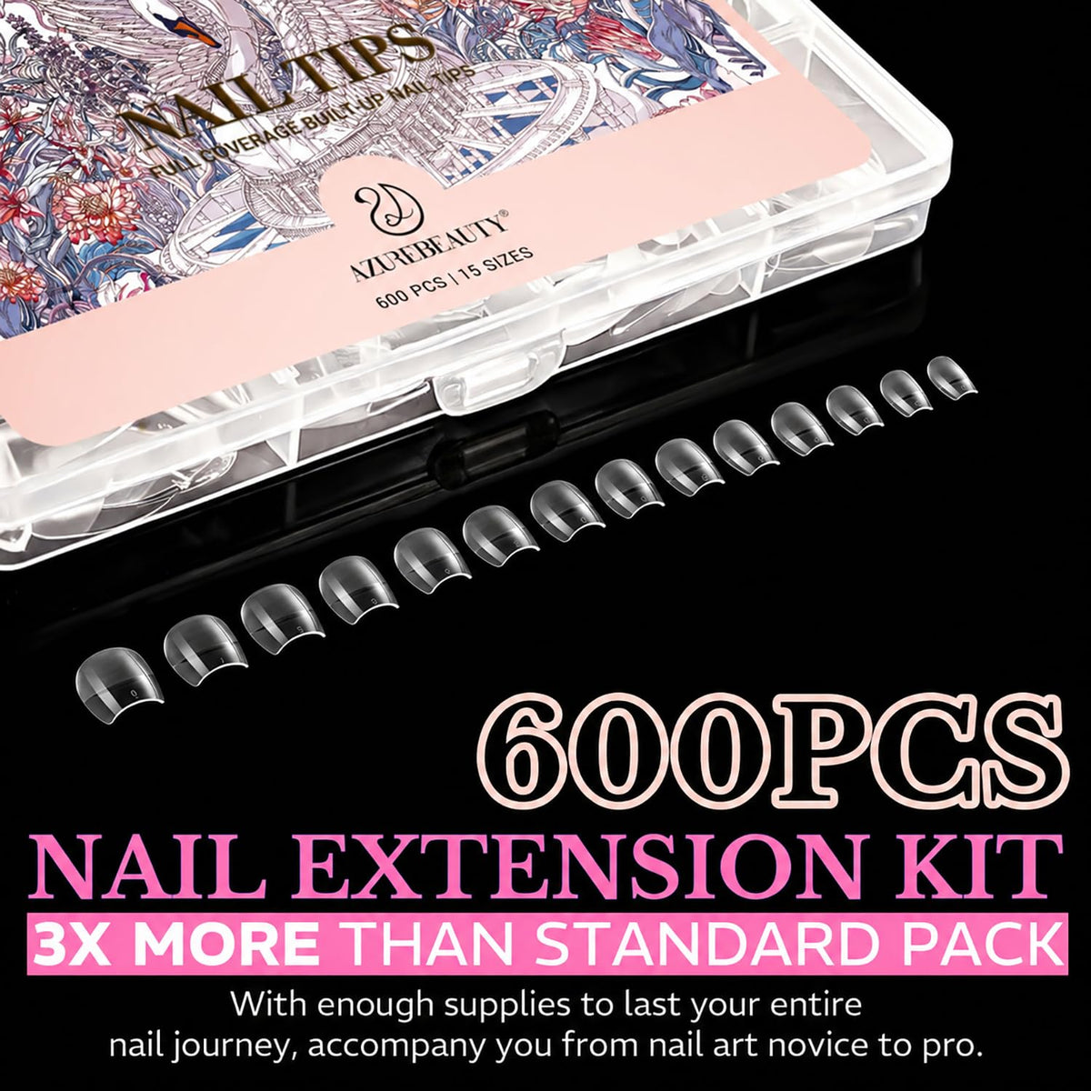 Premium imported medium almond nail tips, 600pcs in soft gel. Perfect for professional and personal nail art projects.