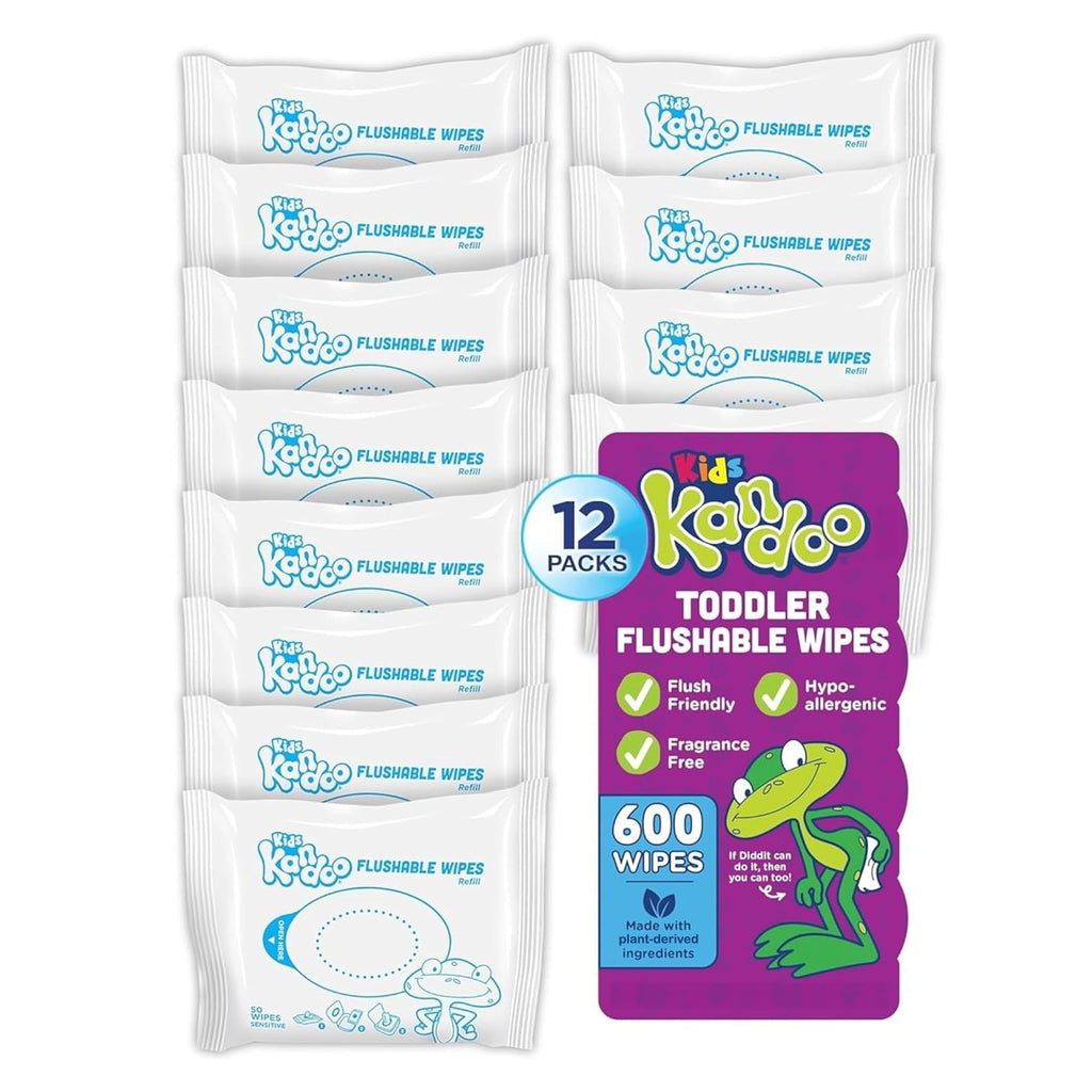 Flushable Wipes for Baby and Kids by Kandoo, Sensitive and Unscented Formula, Hypoallergenic Potty Training Wet Cleansing Cloths, 50 Count, Pack of 12