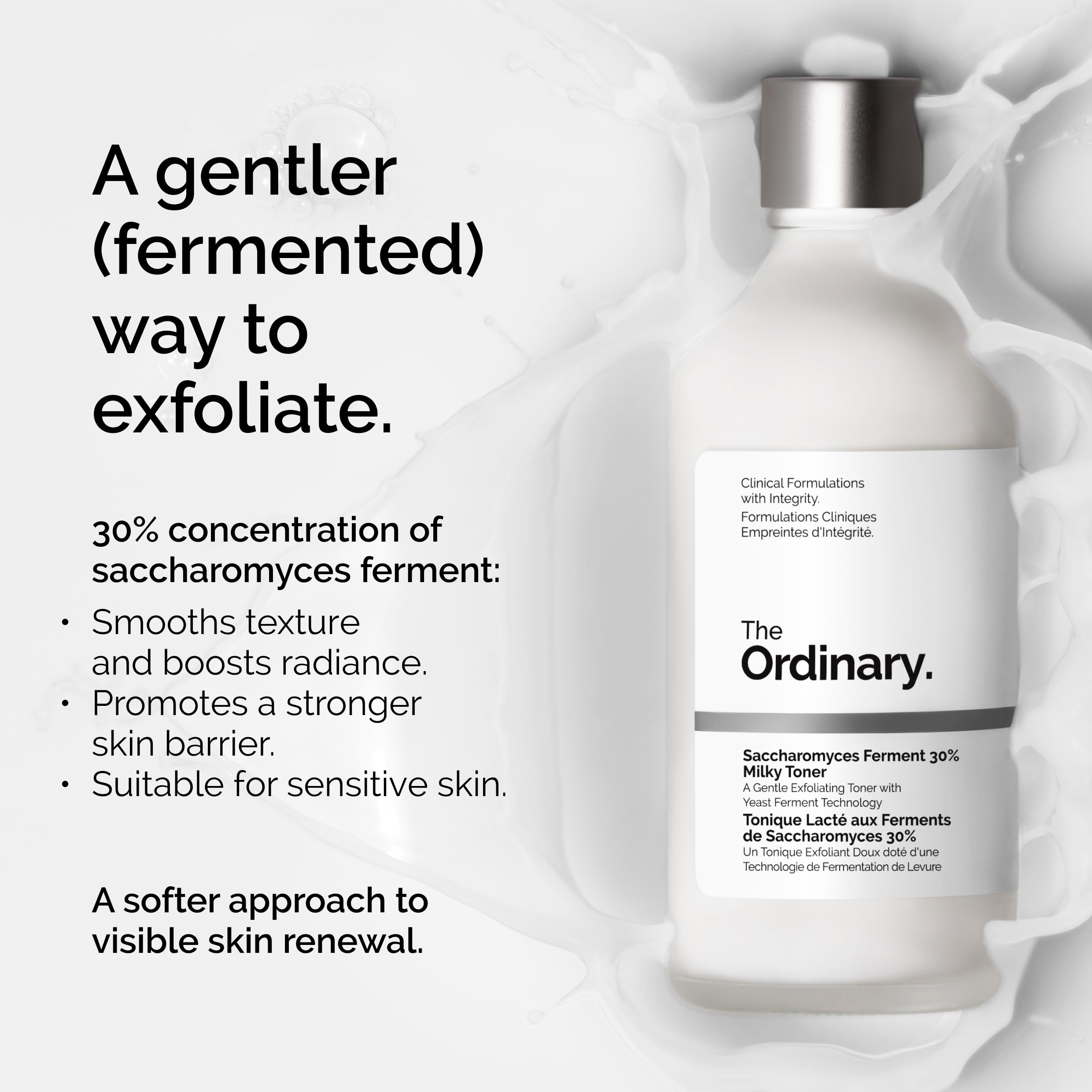 The Ordinary Saccharomyces Ferment 30% Milky Toner, Exfoliating and Hydrating Toner for Smoother, Brighter Skin, 3.4 Fl Oz