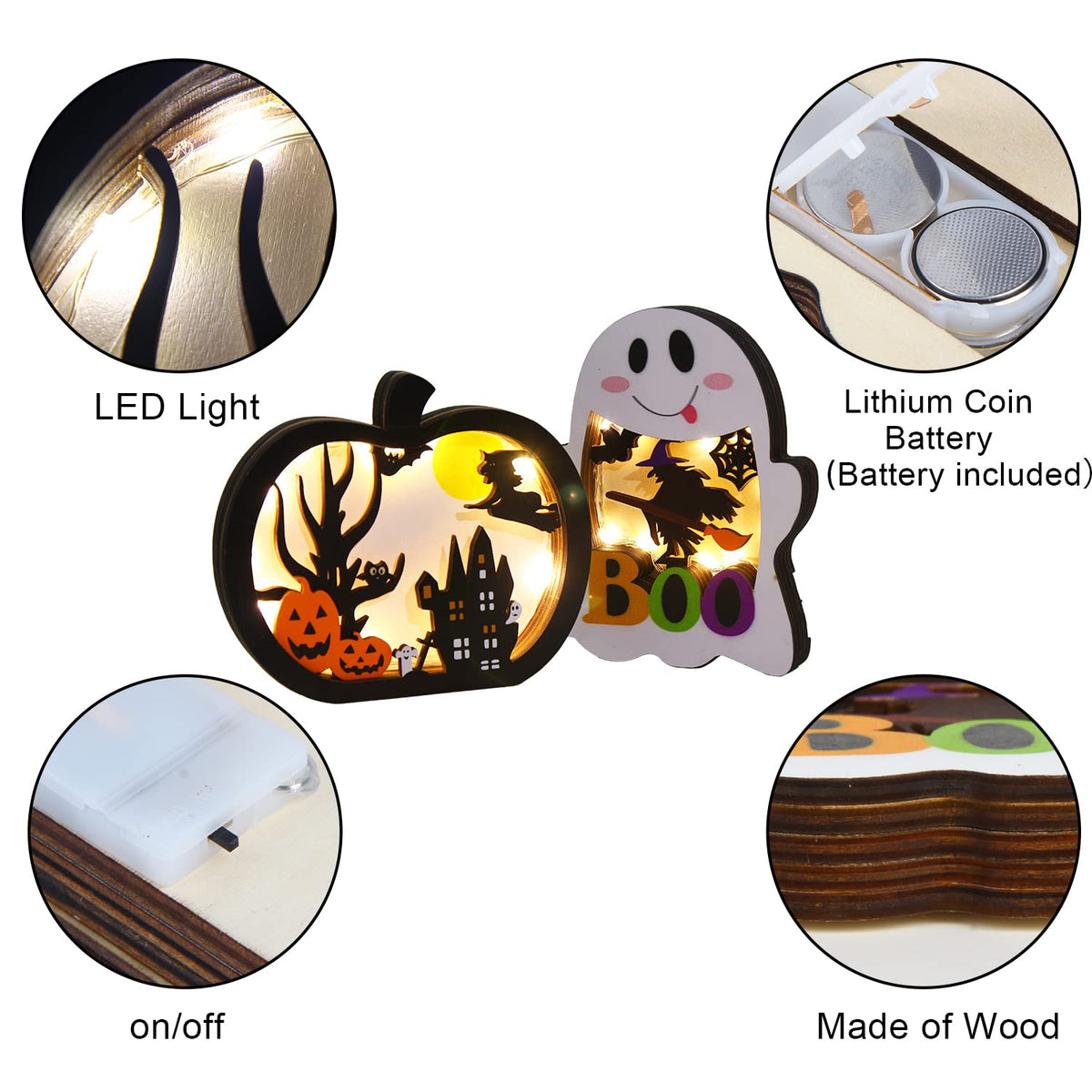 SULOLI Halloween Wooden Lighted Pumpkin for Tabletop, 2pcs Light Up Pumpkin Ghost Lamp Lantern Shadow Box Halloween Table Decorations Ornament
