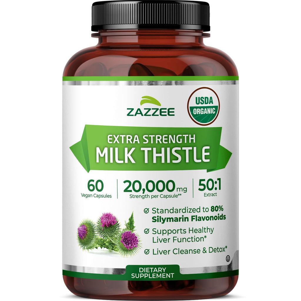 Zazzee USDA Organic Milk Thistle 50:1 Extract, 120 Vegan Capsules | 80% Silymarin Flavonoids, 4 Month Supply, Silybum Marianum, Liver Support & Detox Support, All-Natural, Non-GMO, Made in USA