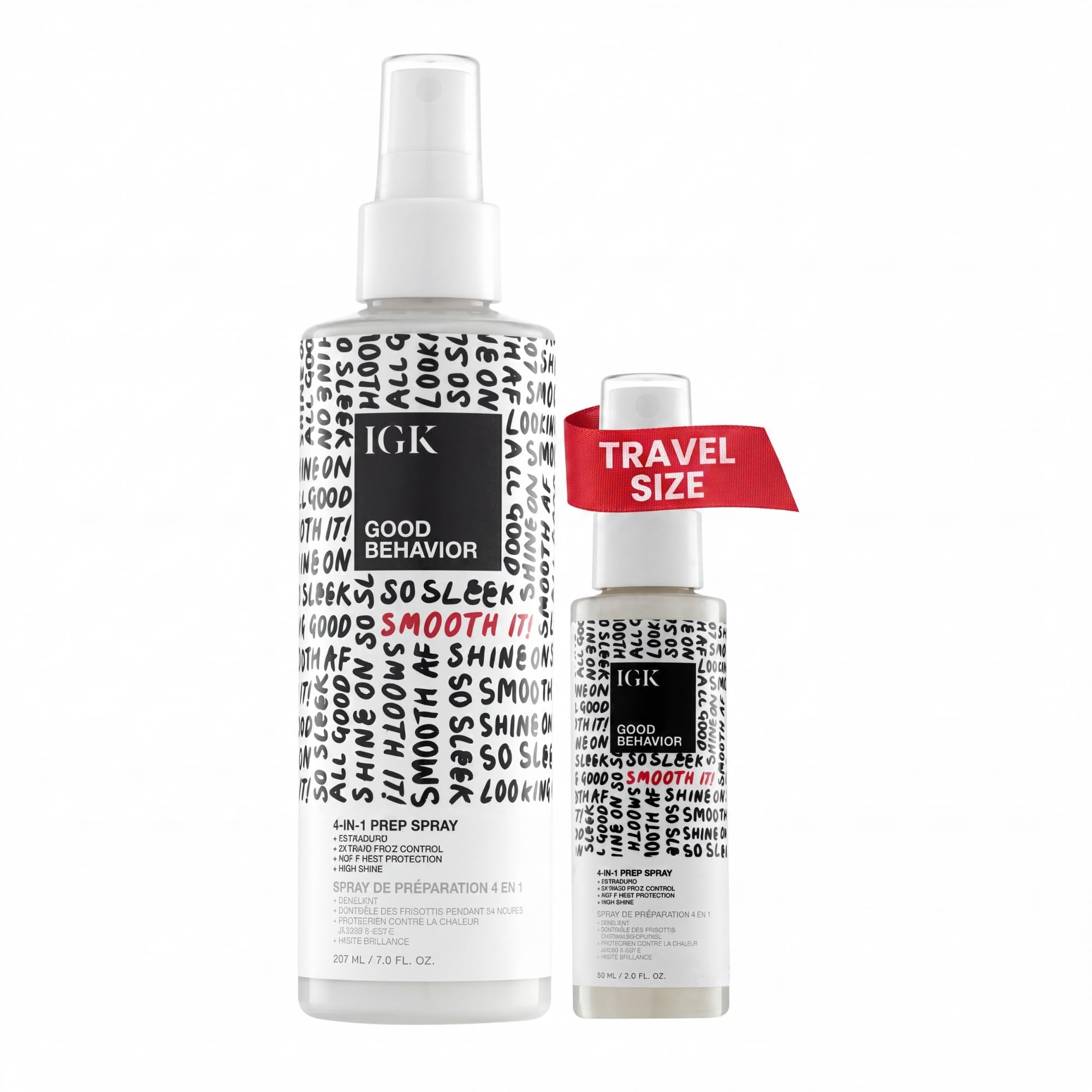 IGK Good Behavior 4-in-1 Prep Spray, Heat Protectant, Leave-In Detangler | Controls Frizz 24 Hours, Heat Protection + Shine, Weightless, Vegan, Full + Travel 7 Oz + 2 Oz