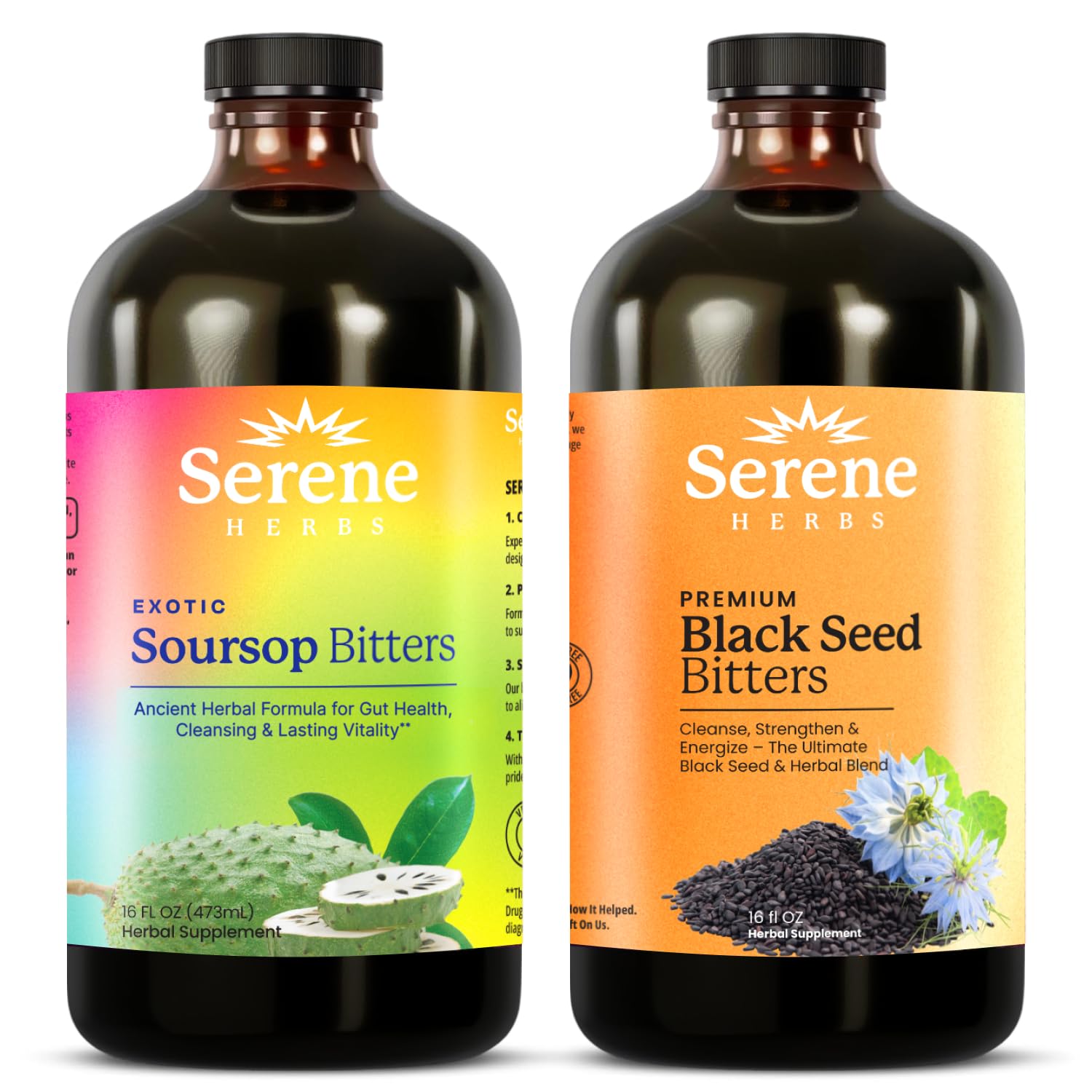Serene Herbs Soursop Bitters Liquid & Black Seed Bundle – Organic Herbal Guanabana for Digestive Support – Vegan, Non-GMO – 32 oz (16 oz Each), (2 Pack)