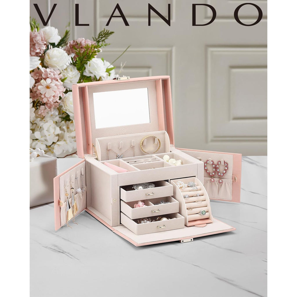 Buy now Vlando Jewelry Box Organizer for Girls Women, Large Baroque Jewelry Holder Organizer with Mirror, 3 Drawers for Bracelets, Earrings, Rings, Necklaces, Mothers Day for Loved One, Pink at indiglob india
