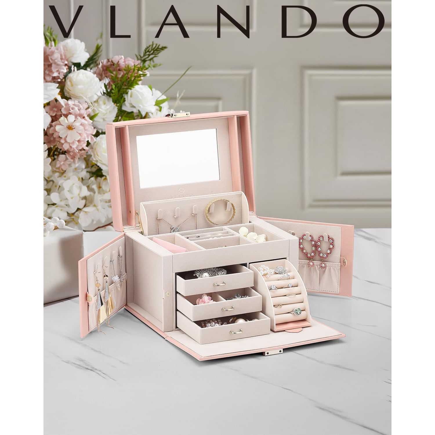 Buy now Vlando Jewelry Box Organizer for Girls Women, Large Baroque Jewelry Holder Organizer with Mirror, 3 Drawers for Bracelets, Earrings, Rings, Necklaces, Mothers Day for Loved One, Pink at indiglob india