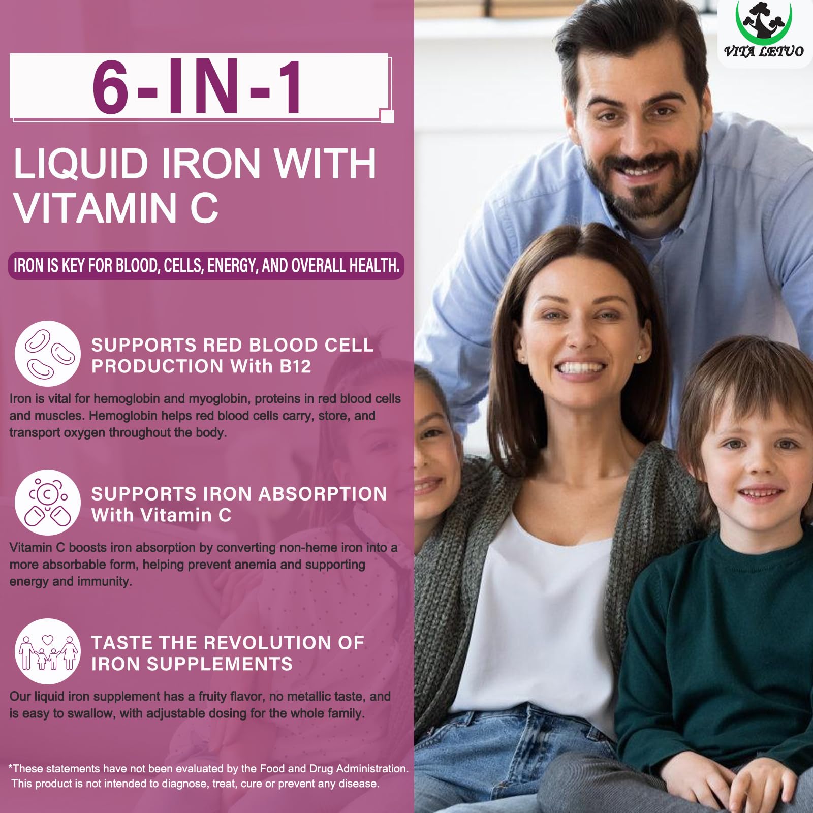 Vita letuo Iron Supplement for Women with Vitamin C,6-in-1 Liquid Supplement w/Vitamin B12,Vitamin B6,High Absorption Liquid Iron Drops for Red Blood Cells & Immune Support,Non-GMO, Gluten Free