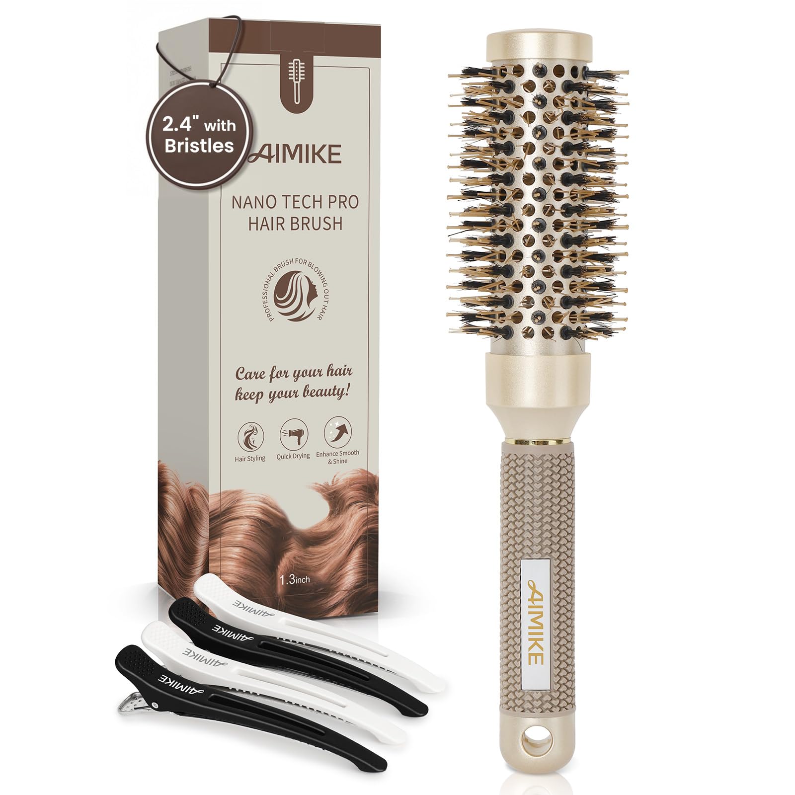 Buy now AIMIKE Round Hair Brush, Nano Thermal Ceramic & Ionic Tech, 2.1 Inch Barrel with Boar Bristles for Enhanced Texture, Golden, Hair Drying, Styling, Curling and Shine + 4 Free Clips at indiglob india