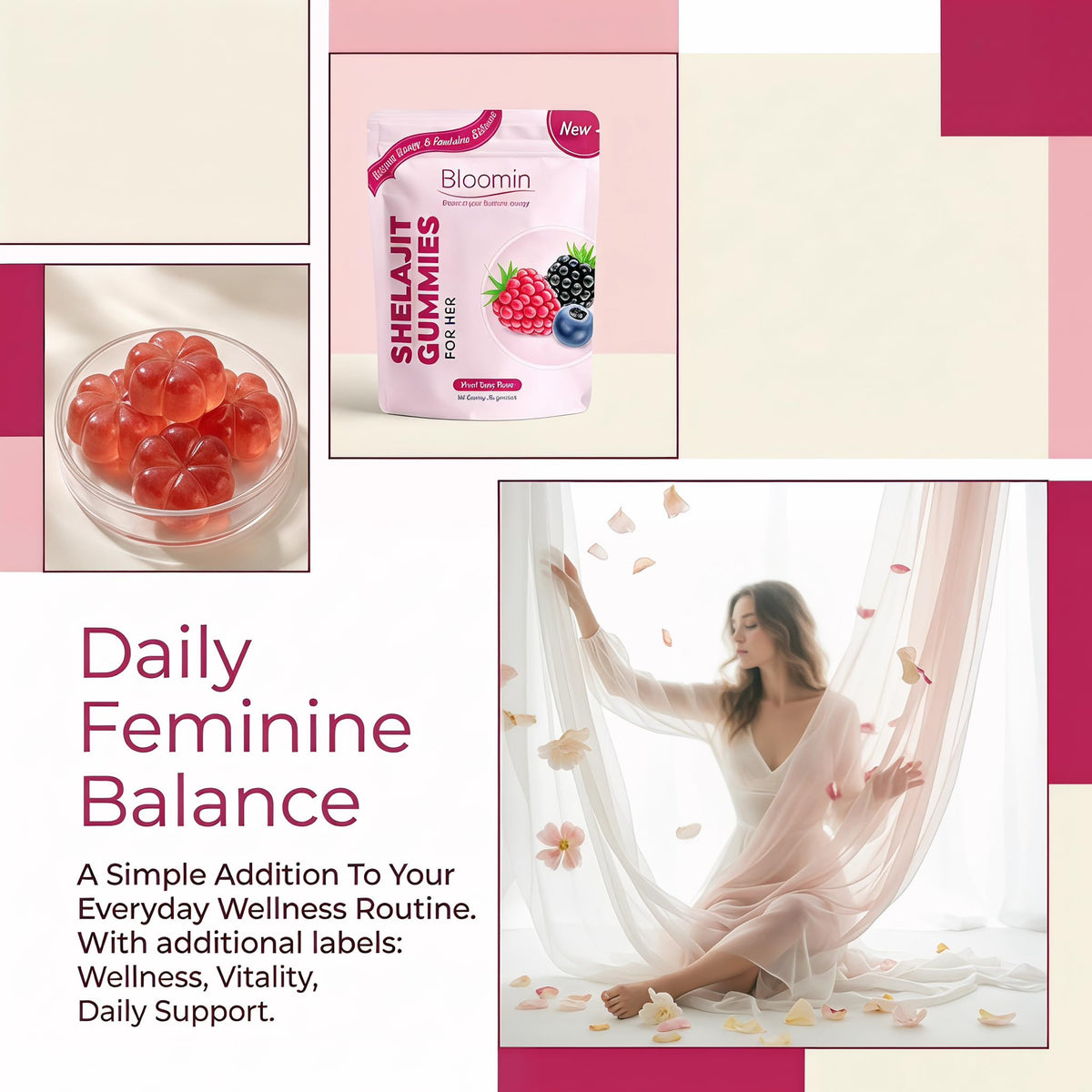 Bloomin Shilajit Gummies for Women - Feminine Wellness Supplement with Natural Energy & Daily Balance, Mixed Berry Flavor, Daily Herbal Gummies for Women - 60 Count