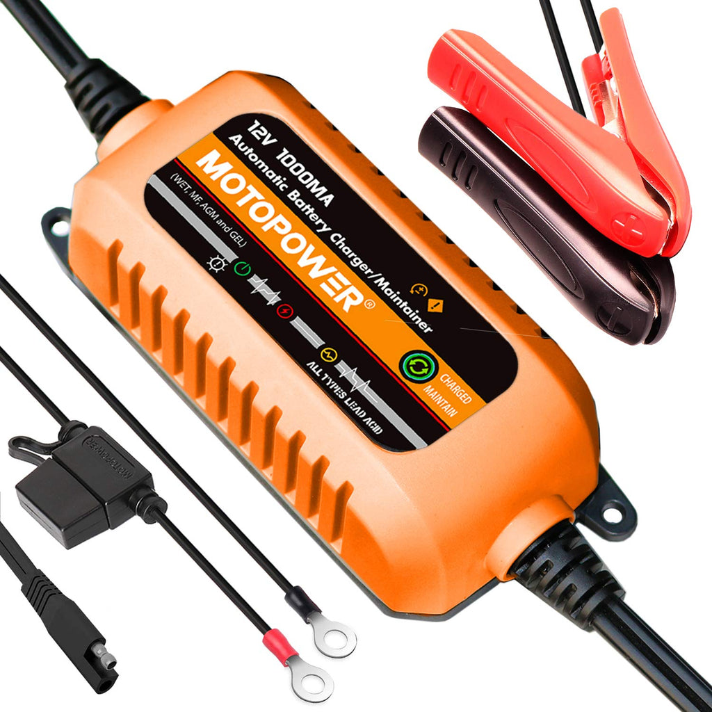 Buy now MOTOPOWER MP00205B 12V 1000mA Automatic Battery Charger, Battery Maintainer, Trickle Charger, and Battery Desulfator with Timer Protection - Grey Orange at indiglob india