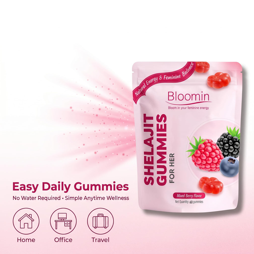 Bloomin Shilajit Gummies for Women - Feminine Wellness Supplement with Natural Energy & Daily Balance, Mixed Berry Flavor, Daily Herbal Gummies for Women - 60 Count