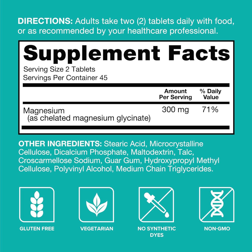 Qunol Magnesium Glycinate Tablets 300mg, 100% Chelated, Gluten-Free, 90ct | Support Nerve, Bone & Muscle Health, Cognitive Performance, Healthy Stress Response, Restful Sleep; Vegetarian, Non-GMO