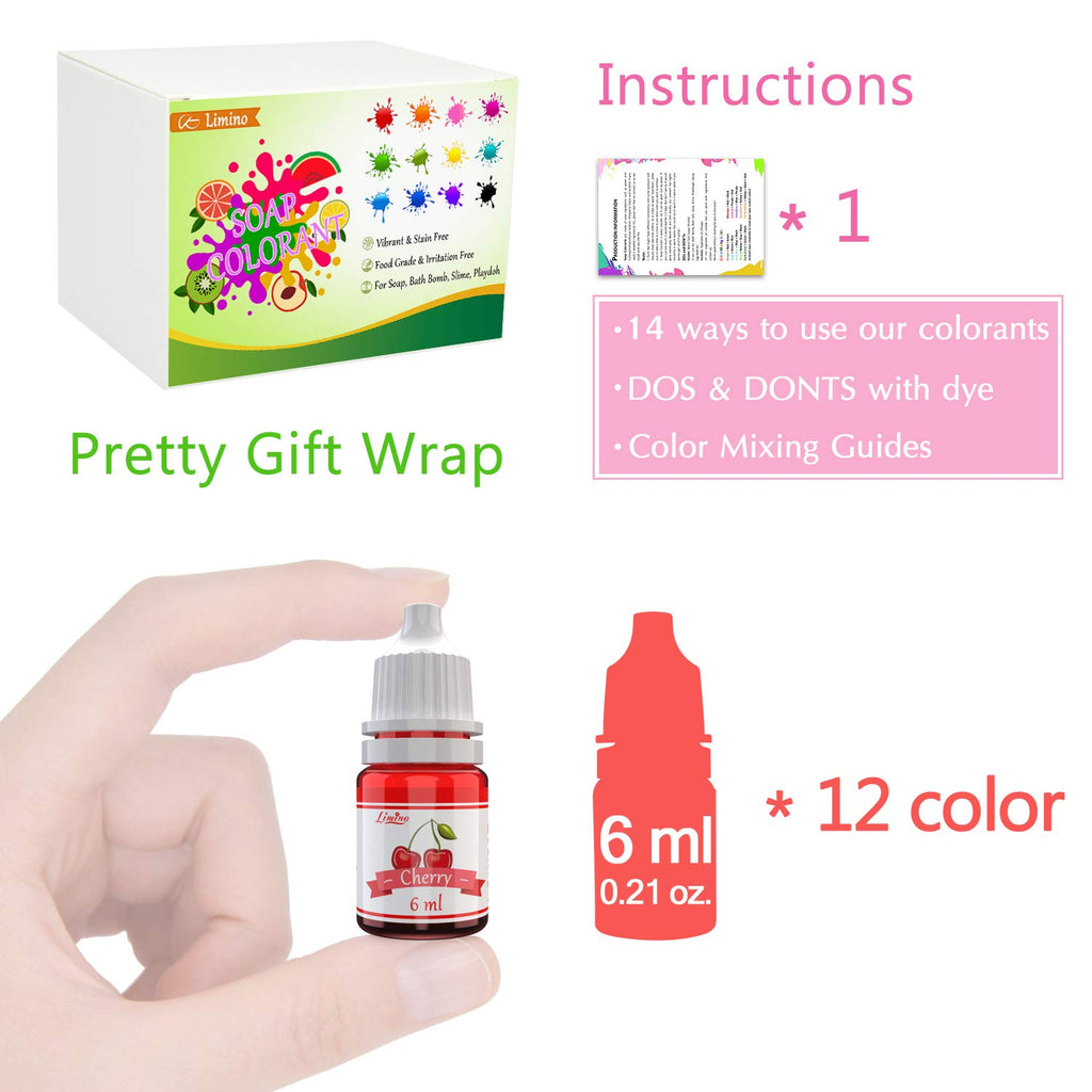 Limino 12 Color Bath Bomb Soap Dye - Skin Safe, Food Grade Coloring for Soap Making Supplies, DIY Bath Bomb Supplies Kit, Slime, Crafts - with Instructions