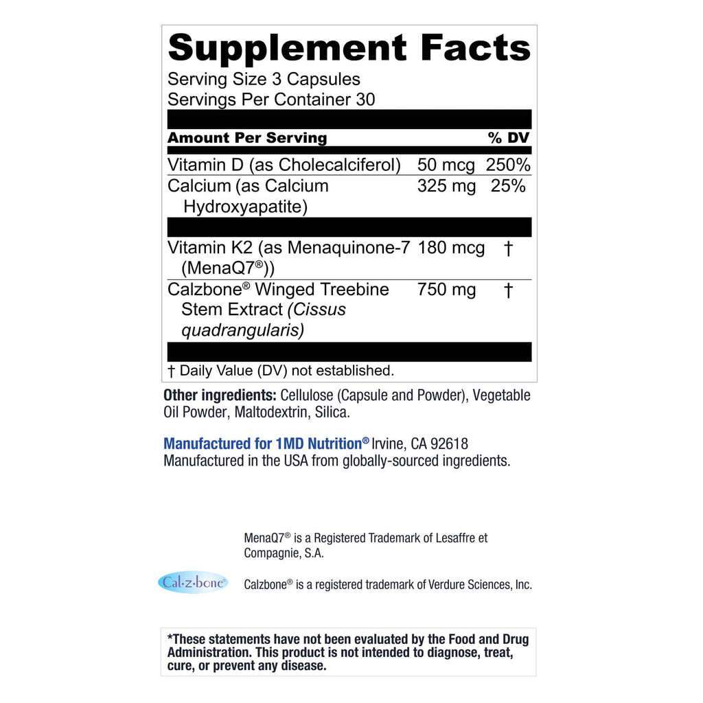 1MD Nutrition OsteoMD for Comprehensive Support - Supplement for Women and Men - Promote Density w/Vitamin D - Hydroxyapatite w/Vitamin D3 & K2-90 Capsules