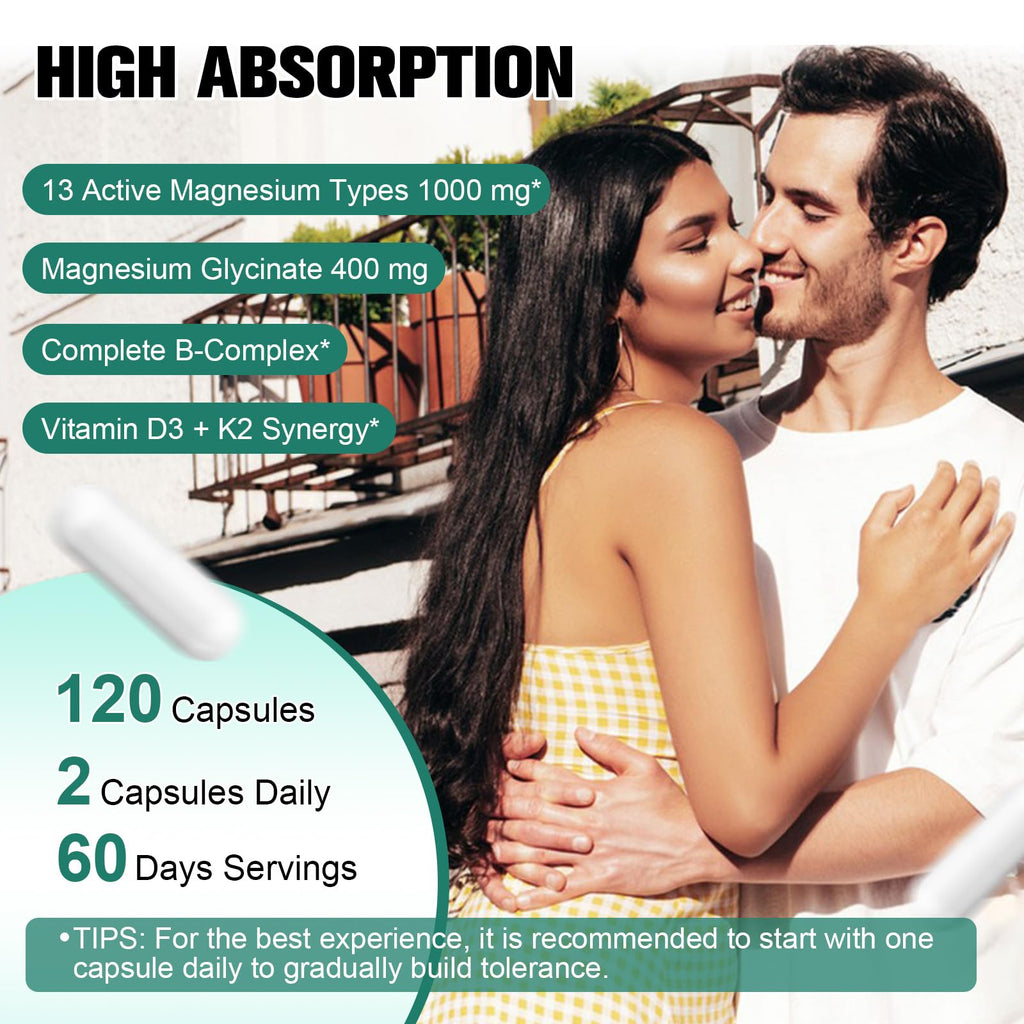 25-in-1 Magnesium Complex with Methylated B Complex, 1000mg Magnesium Complex for Women & Men with Magnesium Glycinate 400mg, 120 Vegan Capsules per Bottle, 2 Bottles