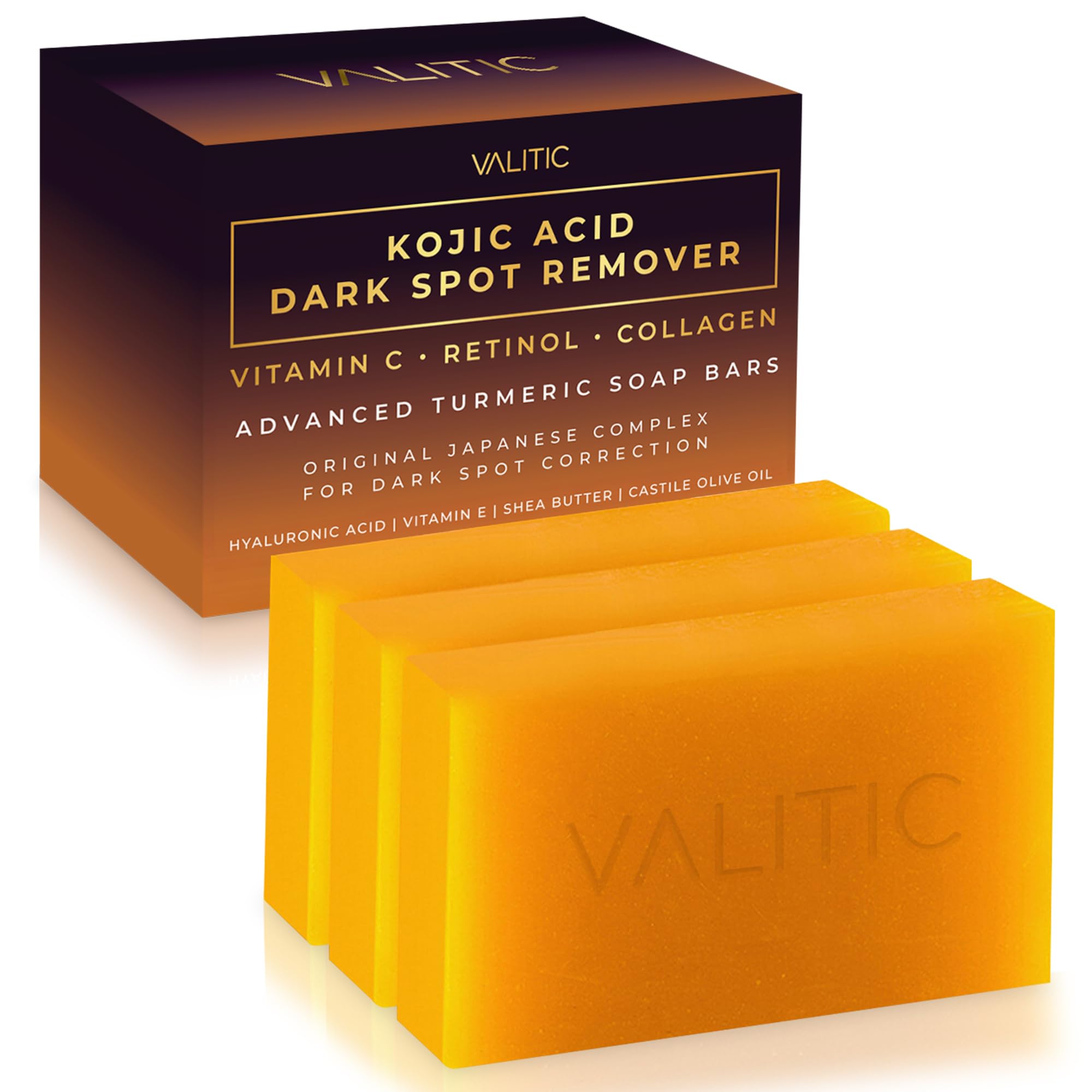 Buy now VALITIC Kojic Acid Dark Spot Remover Soap Bars with Vitamin C, Retinol, Collagen, Turmeric - Original Japanese Complex Infused with Hyaluronic Acid, Vitamin E, Shea Butter, Castile Olive Oil (2 Pack) at indiglob india
