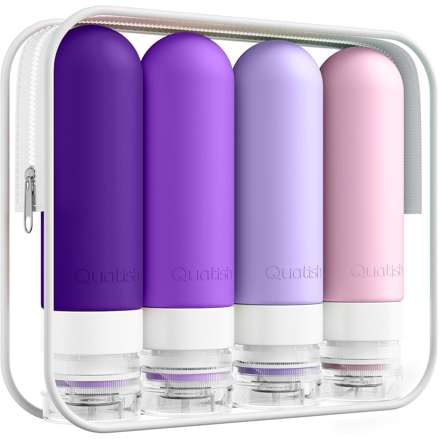 Buy now Quatish Travel Bottles for Toiletries, Original Patented Leak Proof Travel Size Containers, 3 oz Tsa Approved Silicone Shampoo and Conditioner Bottles, 4 Pack, Multi-Color Purple at indiglob india