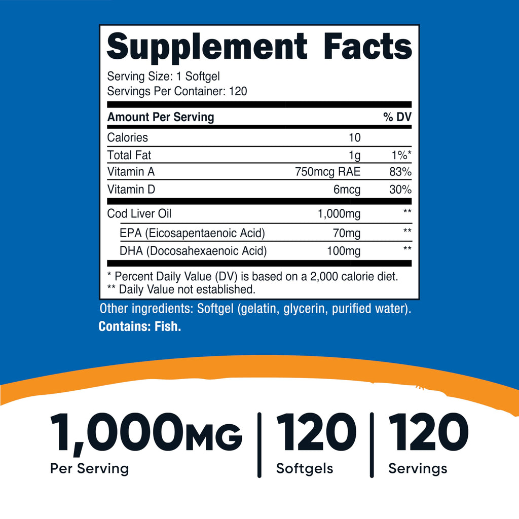 Nutricost Cod Liver Oil 1000mg, 120 Softgels - Non-GMO & Gluten Free