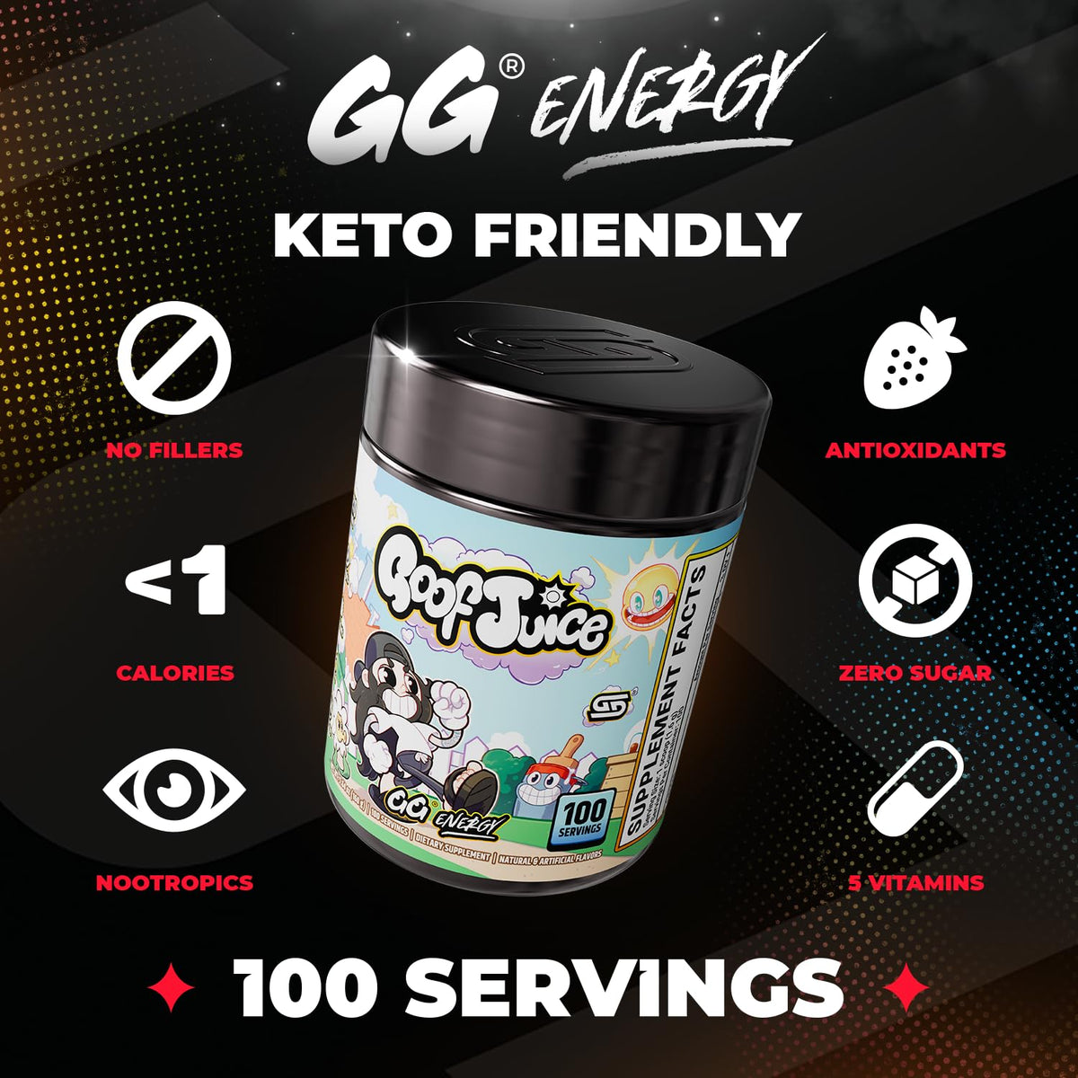 Gamer Supps GG Energy - Goof Juice by MoistCr1TiKaL (100 Servings) - Keto Friendly Gaming Energy and Nootropic Blend, Sugar Free + Caffeine + Vitamins + Immune Support, Powder Drink