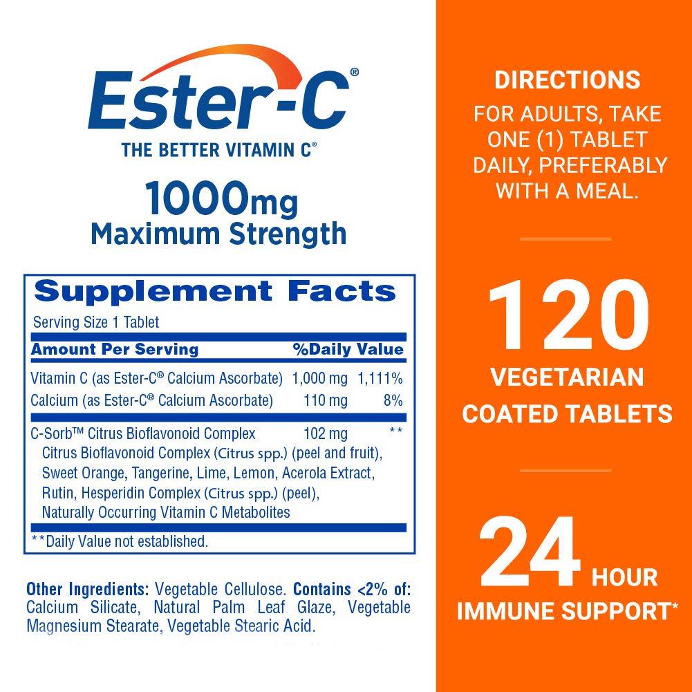 Ester-C Vitamin C 1000 mg Coated Tablets, 120 Count