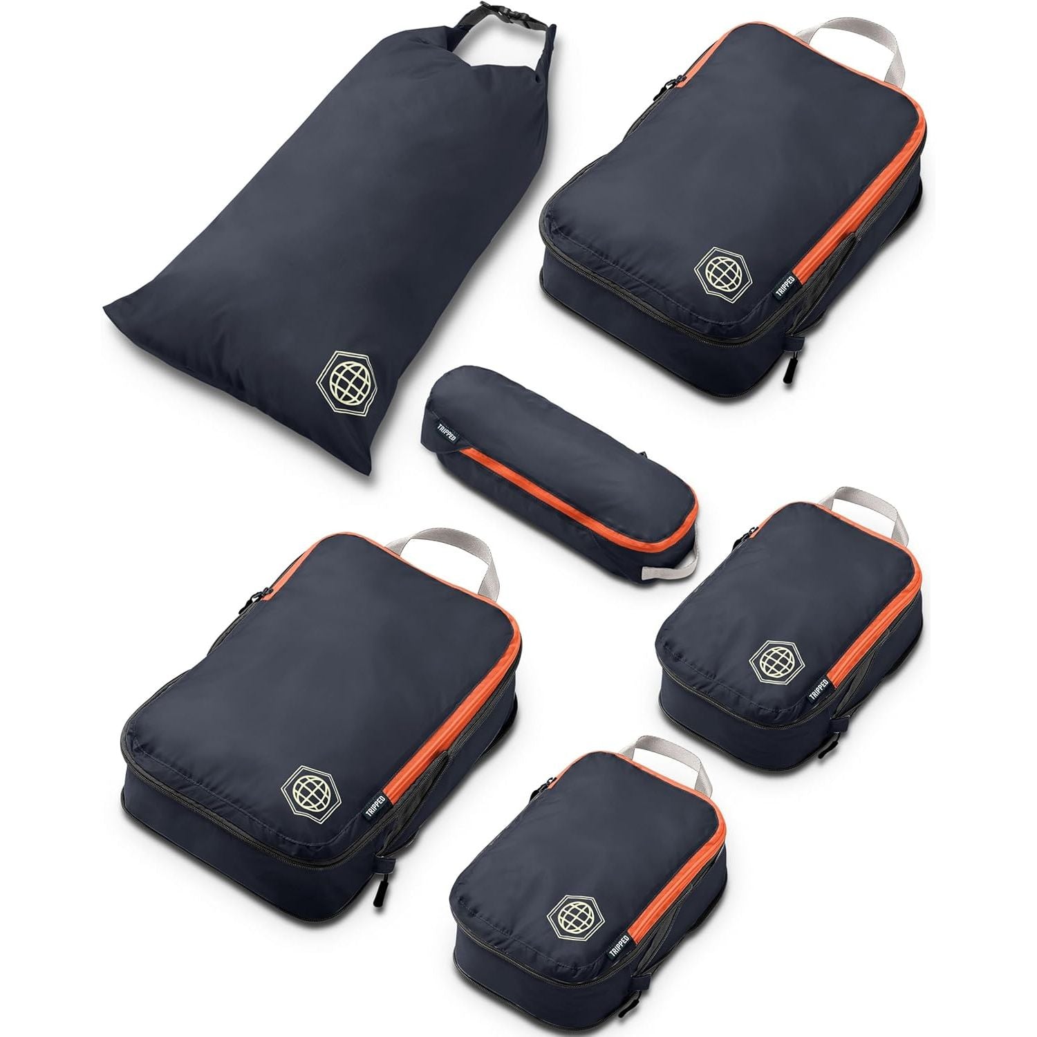 Buy now Compression Packing Cubes Set for Travel - Lightweight, Durable Clothes Organizer for Carry-On Luggage and Suitcases by TRIPPED Travel Gear 6 Piece Volcano (Grey and Orange) Carry On Set at indiglob india