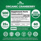 Zazzee USDA Organic Cranberry 25:1 Extract, 500 mg per Capsule, 60 Capsules | Vegan, 2 Month Supply, Certified Kosher, Vaccinium Macrocarpon, Non-GMO, Made in the USA