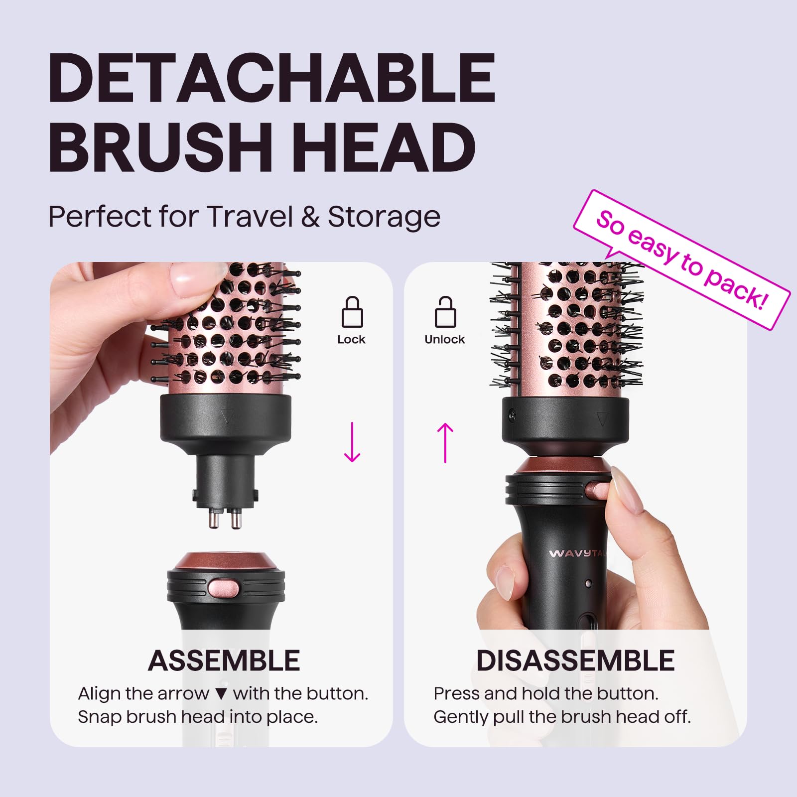 Wavytalk Thermal Brush 1.5" Detachable Heated Round Brush for Blowout Look | Detachable Brush Head Includes Travel Pouch, Create Voluminous Blowout Look, Tourmaline Ceramic, 2 Temp Settings Dual Voltage