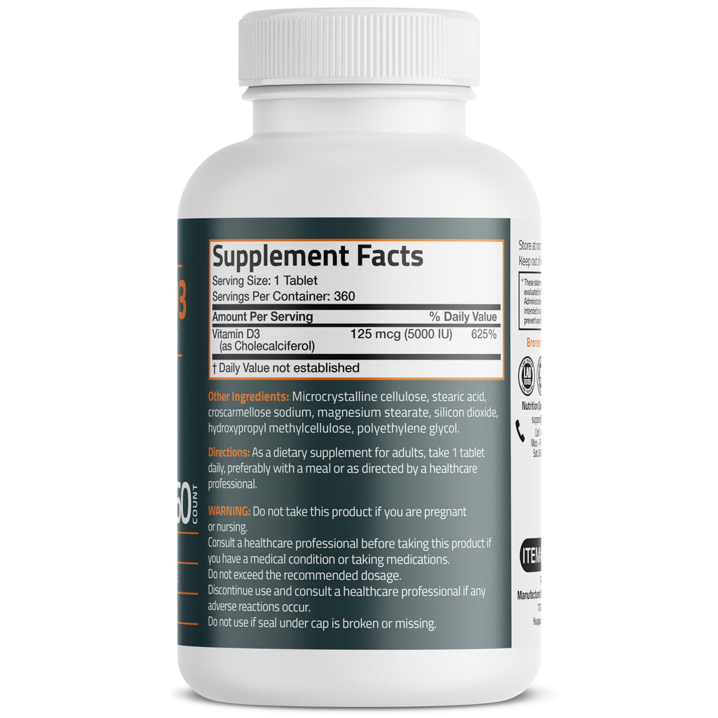 Bronson Vitamin D3 5000iu (125mcg) Non-GMO Gluten-Free Soy-Free 360 Tablets | Immune, Bone, Joint, Breast, Heart, and Colon Health Supplement