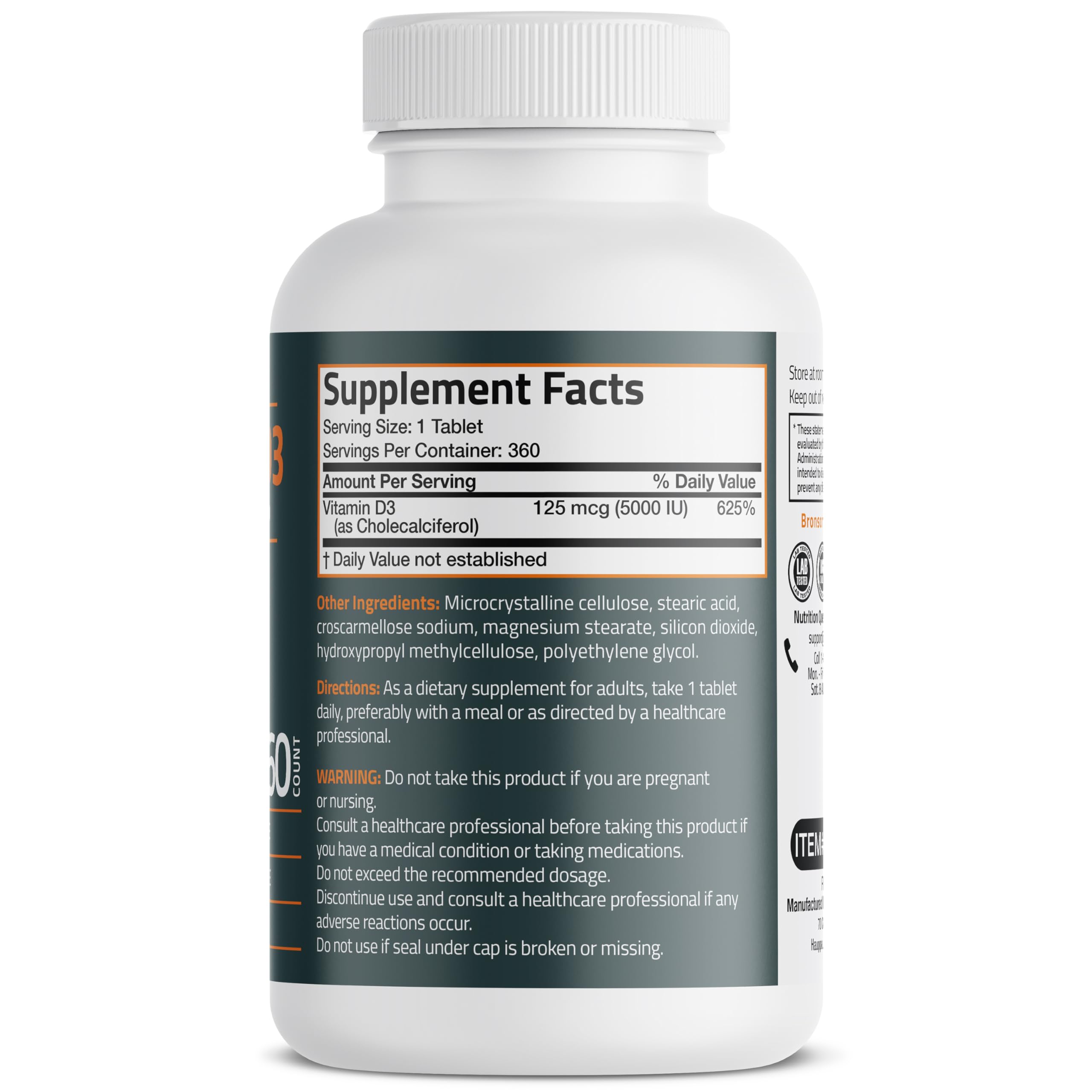 Bronson Vitamin D3 5000iu (125mcg) Non-GMO Gluten-Free Soy-Free 360 Tablets | Immune, Bone, Joint, Breast, Heart, and Colon Health Supplement