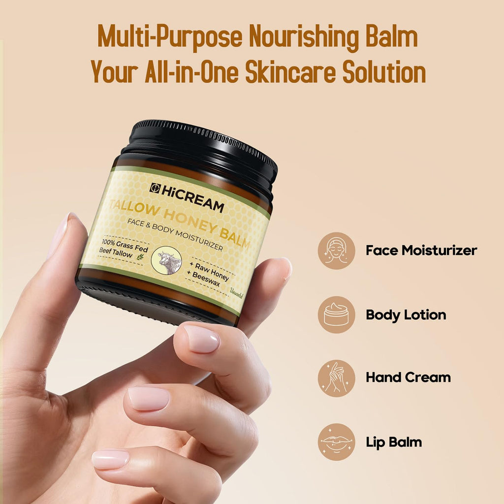 Hicream Beef Tallow for Skin, Beef Tallow and Honey Balm, 100% Organic Grass-Fed Beef Tallow, Face & Body Moisturizer for Dry, Cracked, Sensitive Skin - Handmade - Natural Formula (4 Oz, Unscented)