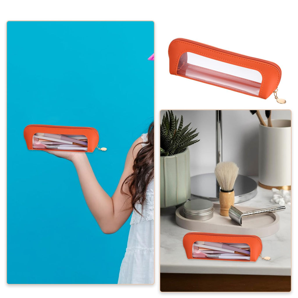 Stylish Psyqtsuary small makeup bag in orange, clear front. Available in India. Order online for easy access to your beauty essentials!
